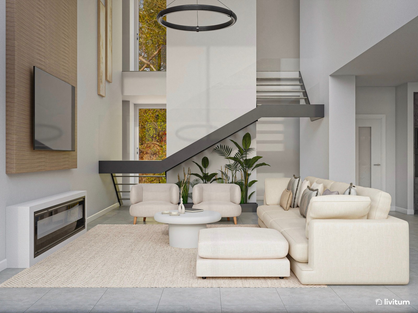 Moderno salón minimalista cálido con toques industriales
