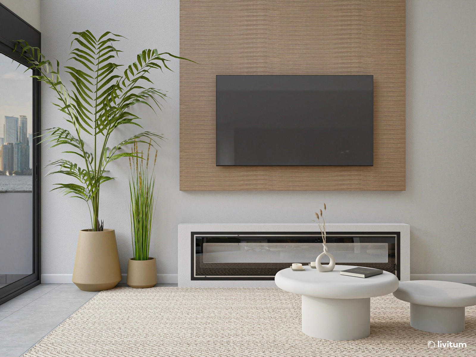 Moderno salón minimalista cálido con toques industriales