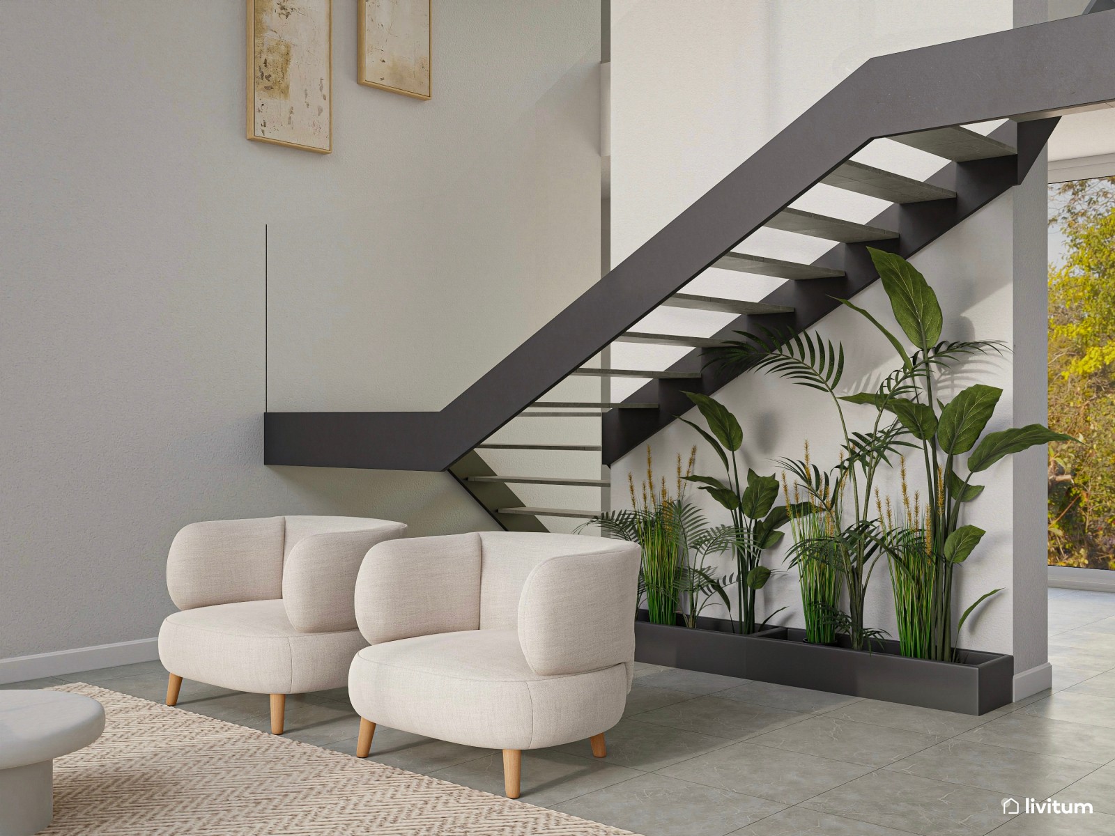 Moderno salón minimalista cálido con toques industriales