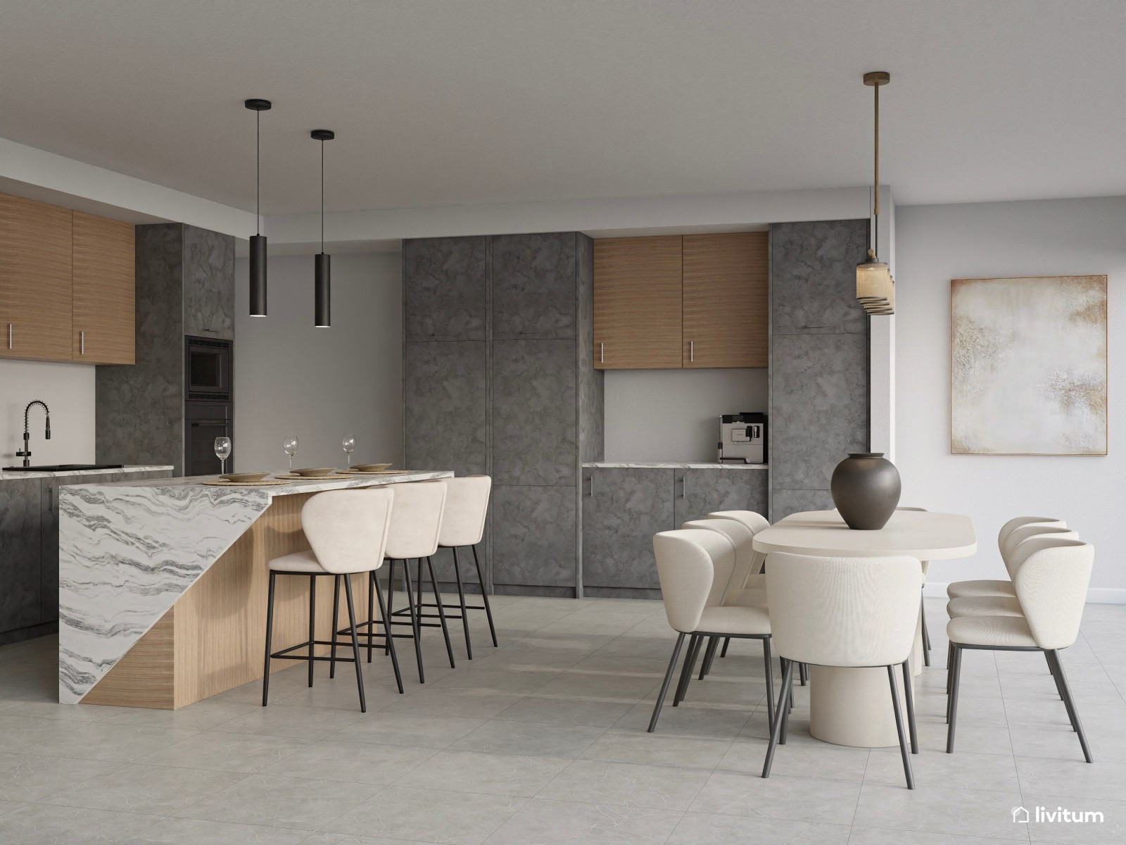 Moderno salón minimalista cálido con toques industriales