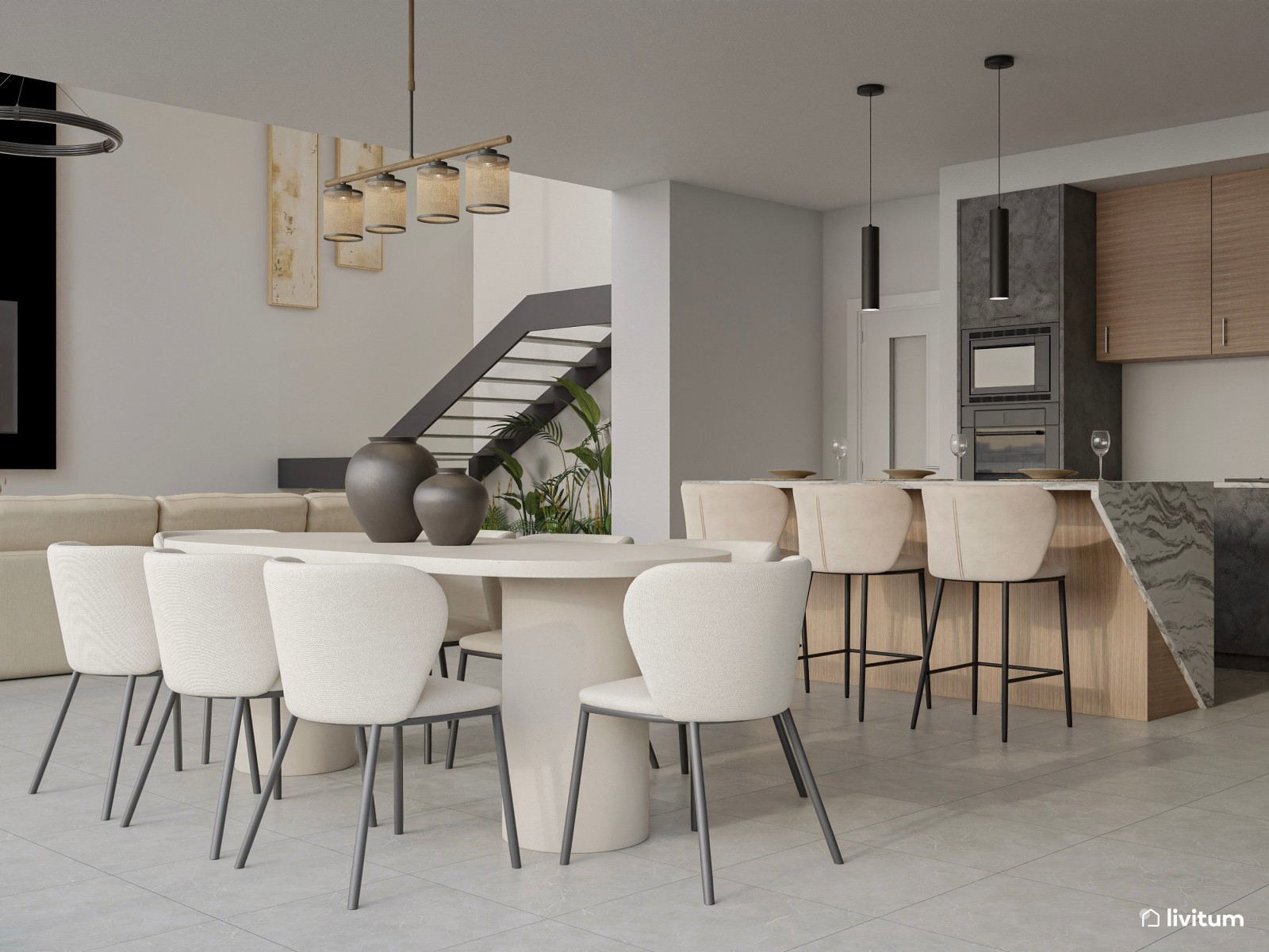 Moderno salón minimalista cálido con toques industriales