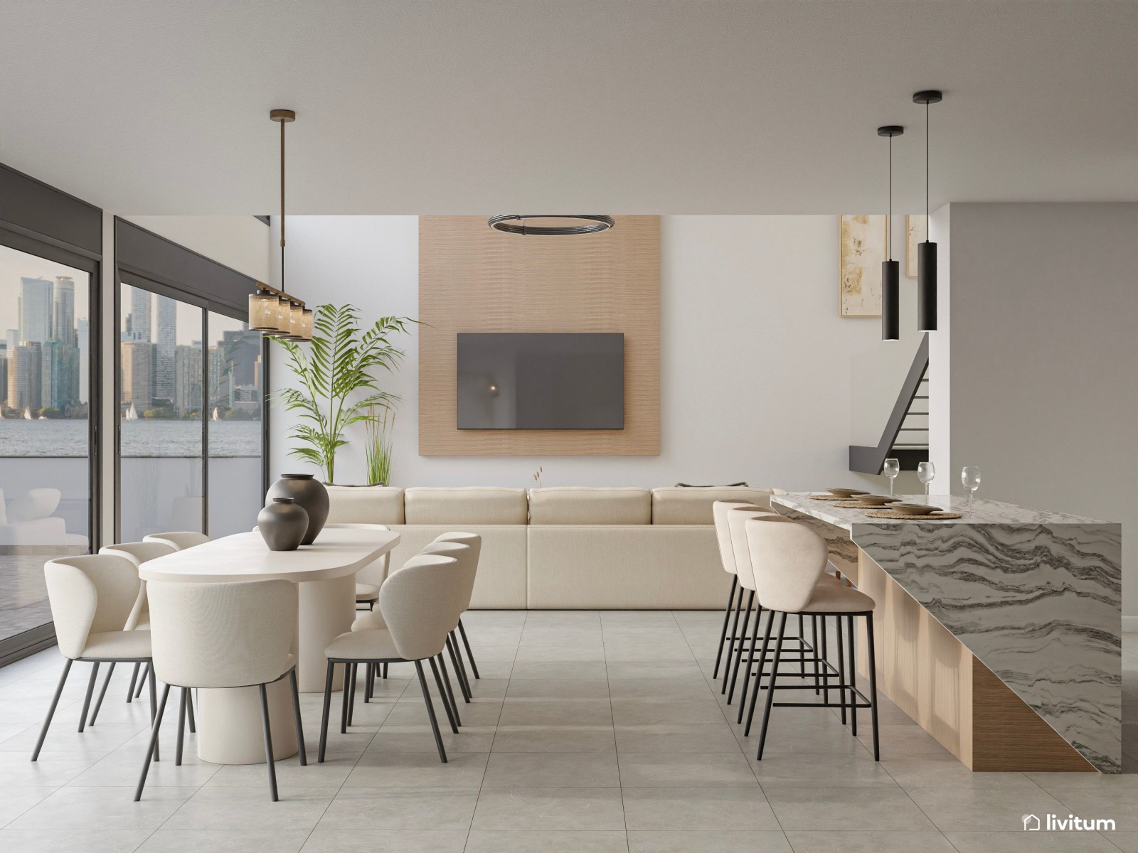 Moderno salón minimalista cálido con toques industriales