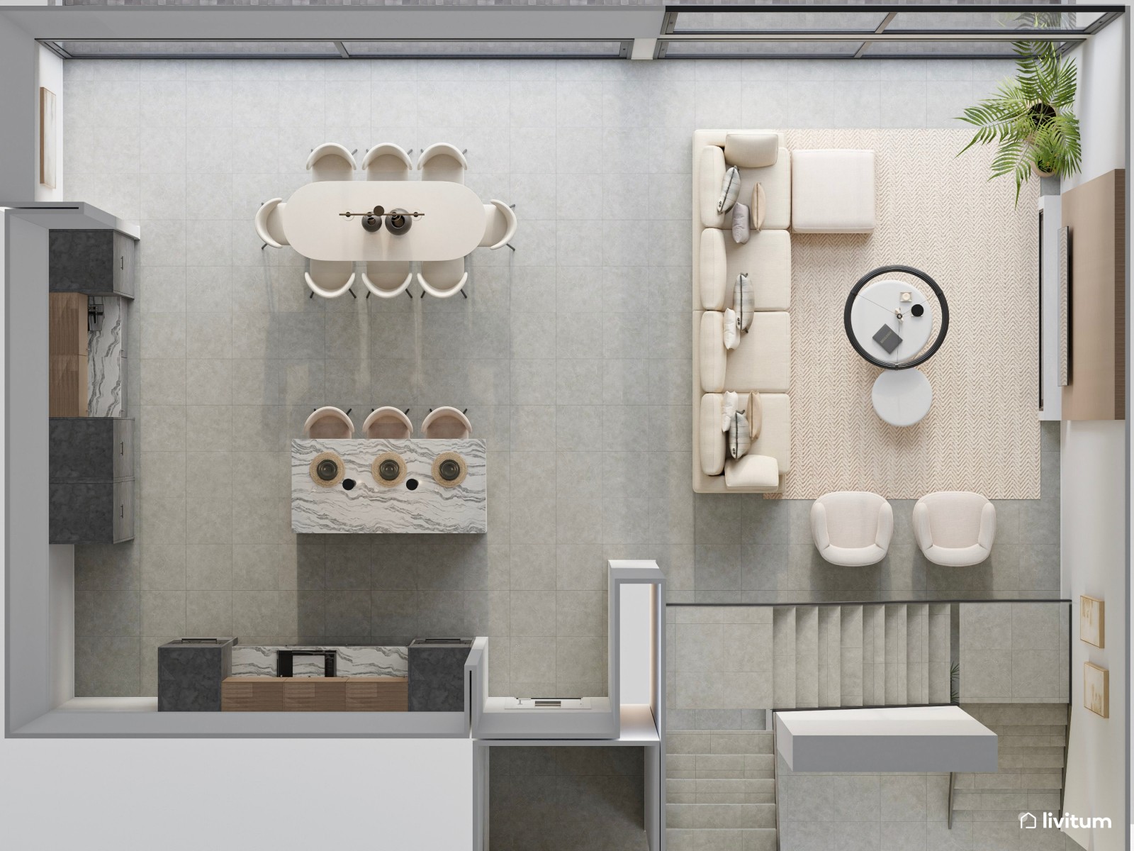 Moderno salón minimalista cálido con toques industriales