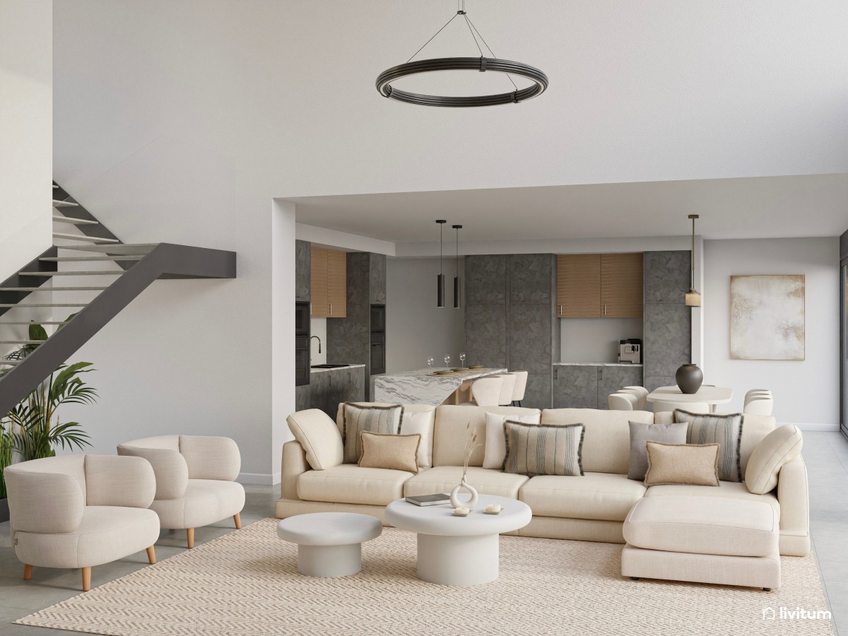 Moderno salón minimalista cálido con toques industriales