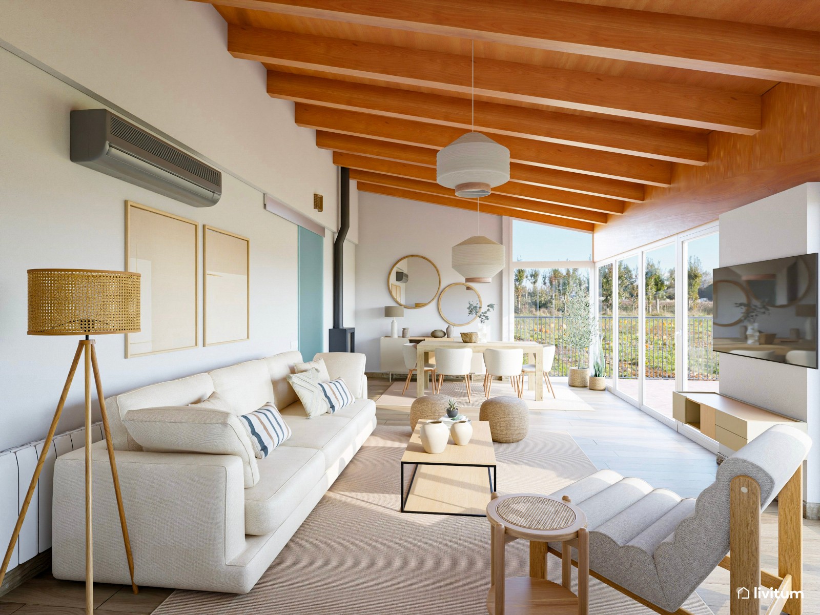 Moderno salón nórdico y rústico con fantásticas vistas