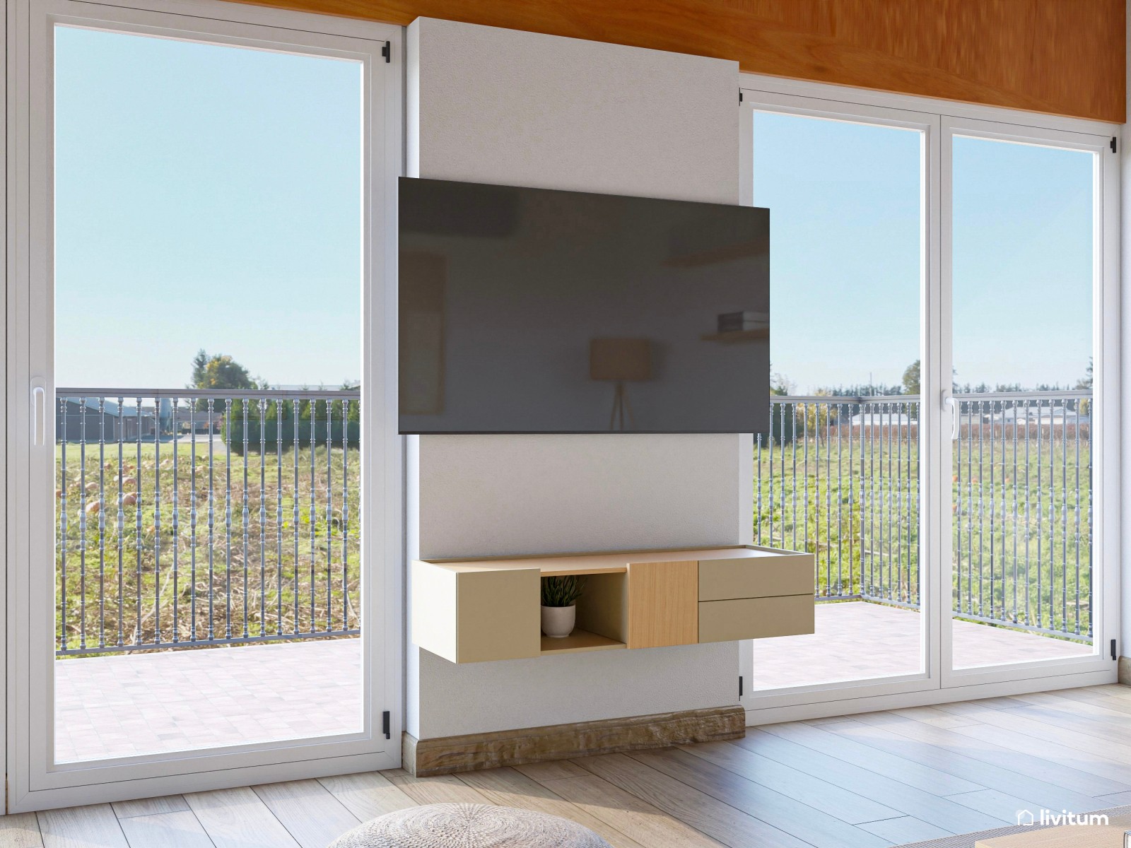 Moderno salón nórdico y rústico con fantásticas vistas