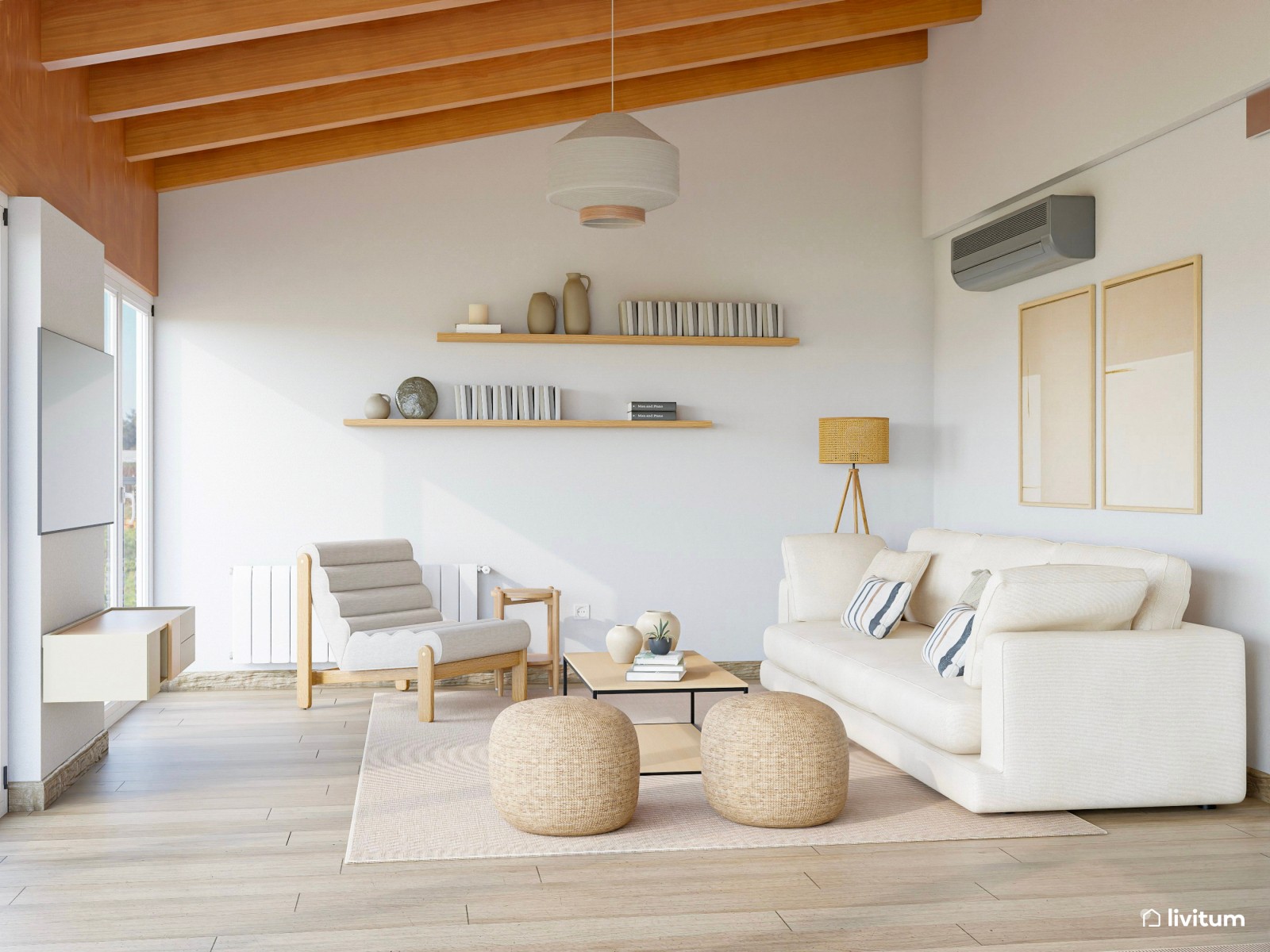 Moderno salón nórdico y rústico con fantásticas vistas