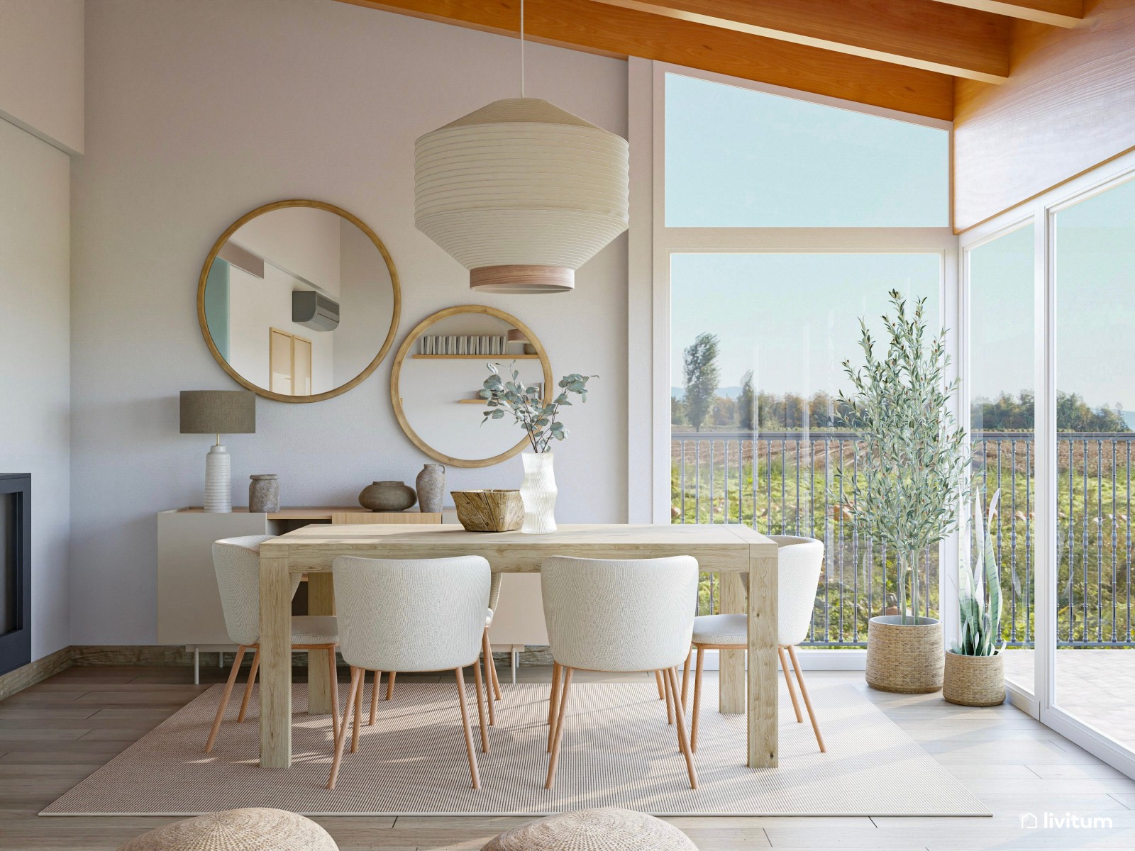 Moderno salón nórdico y rústico con fantásticas vistas