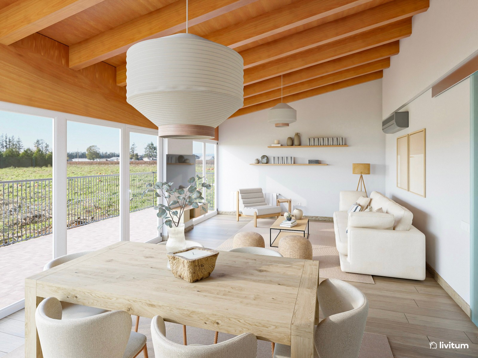 Moderno salón nórdico y rústico con fantásticas vistas