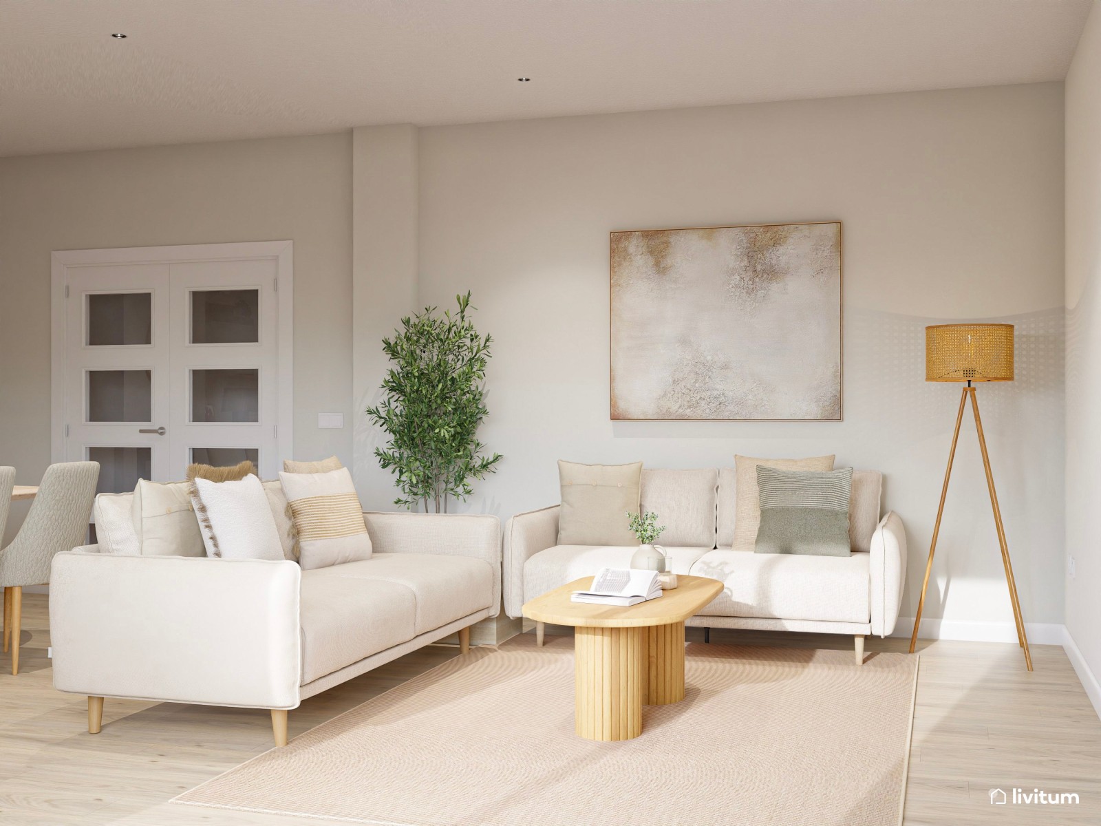 Moderno y minimalista salón comedor con chimenea en tono beige