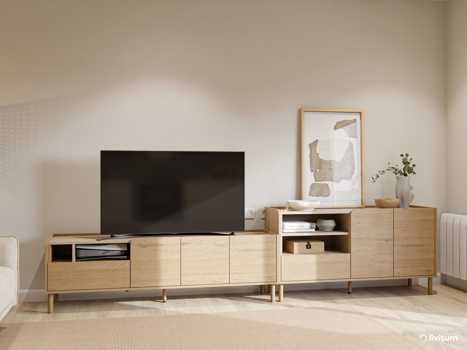 Moderno y minimalista salón comedor con chimenea en tono beige