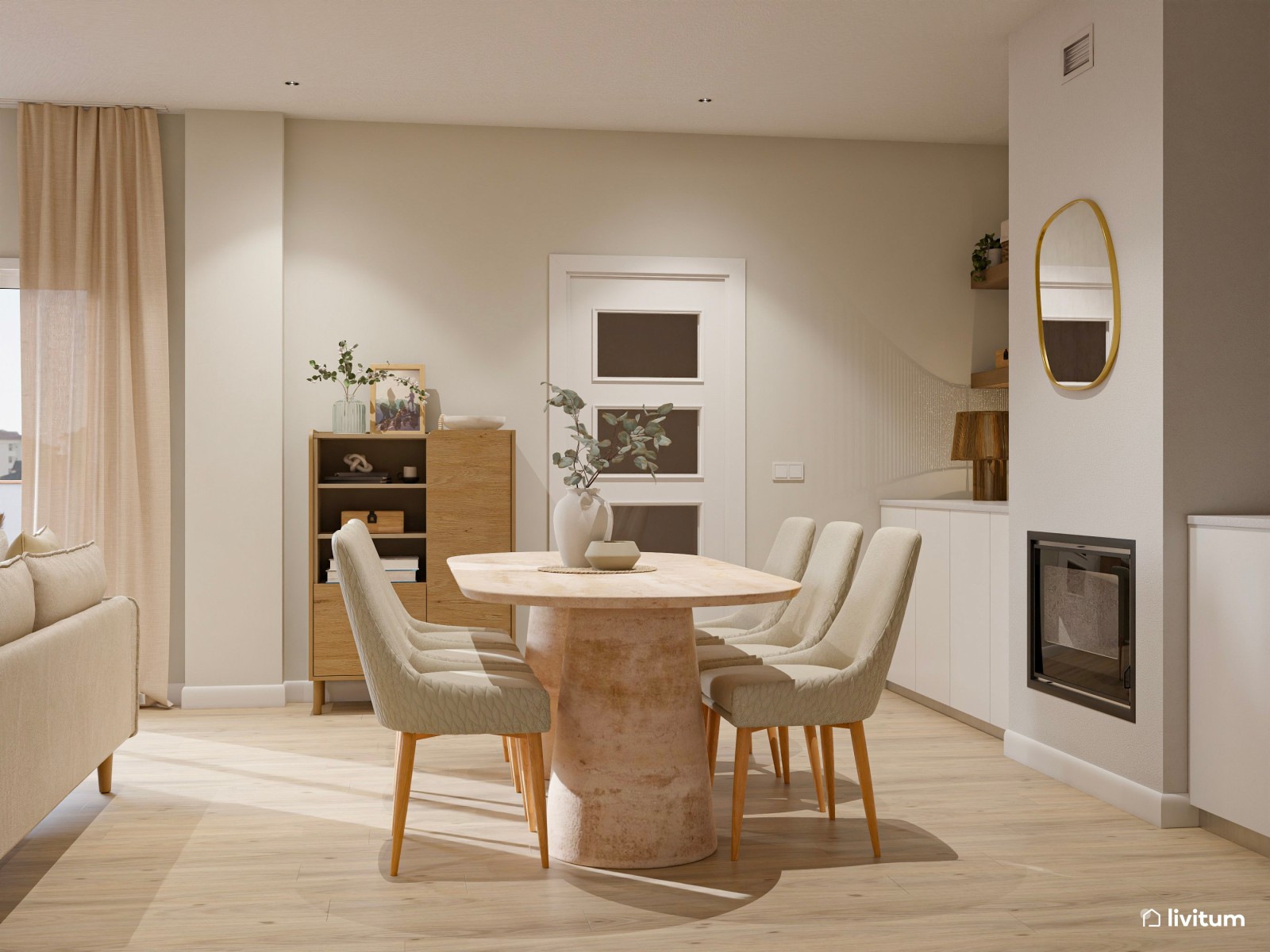Moderno y minimalista salón comedor con chimenea en tono beige