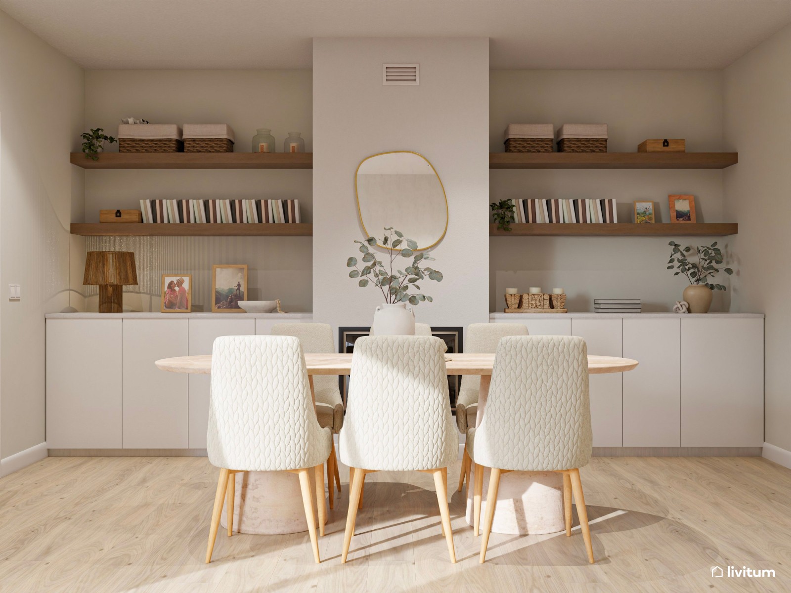 Moderno y minimalista salón comedor con chimenea en tono beige