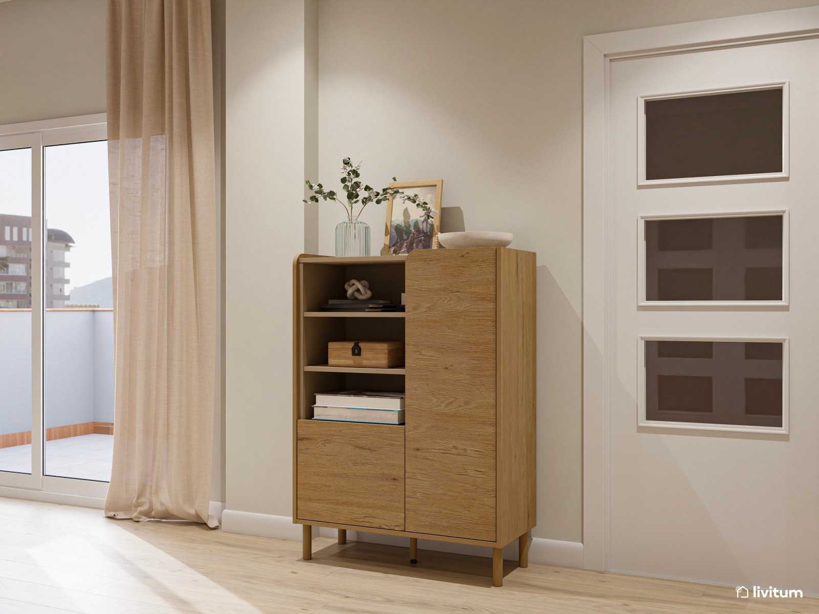 Moderno y minimalista salón comedor con chimenea en tono beige