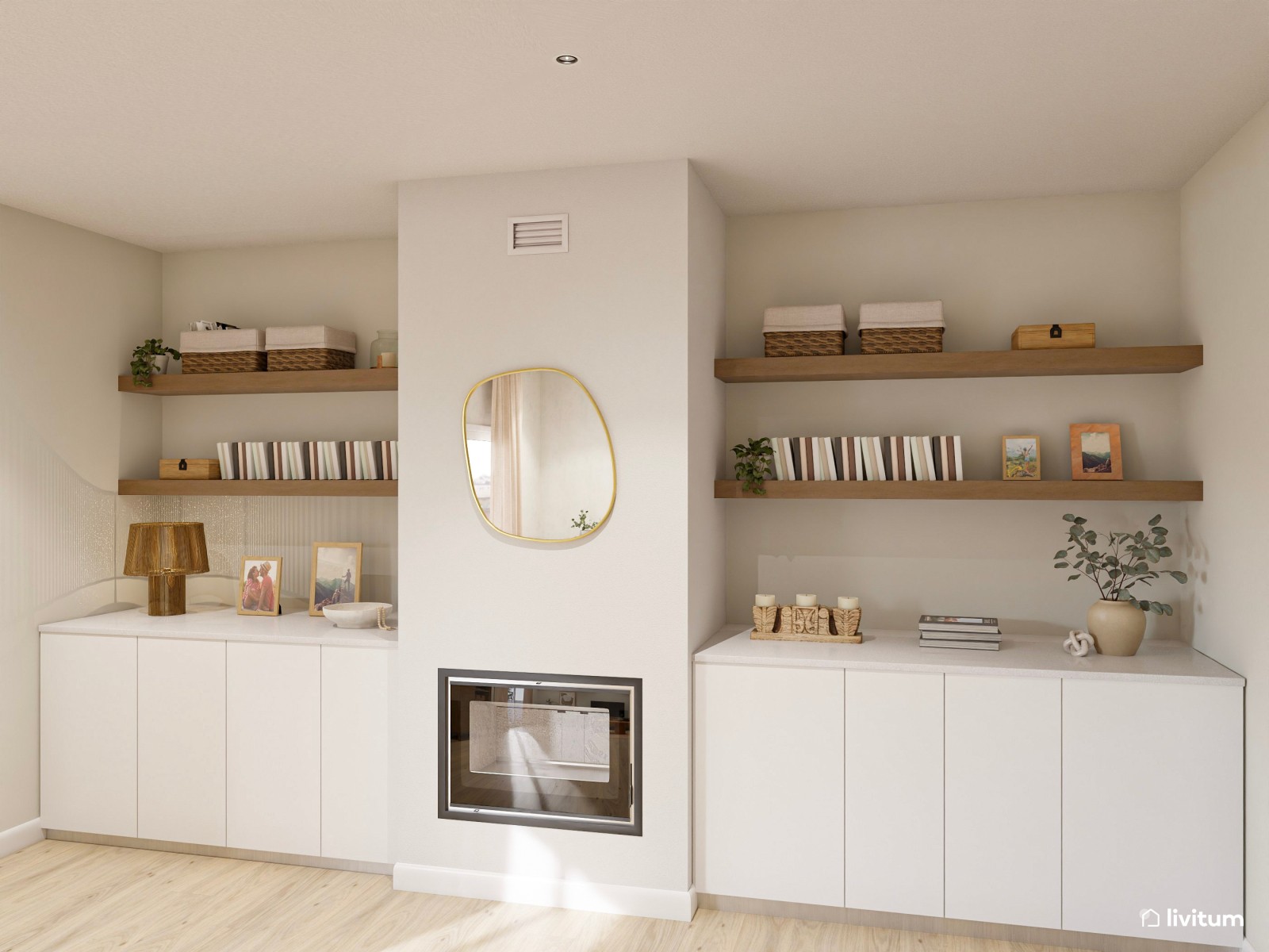 Moderno y minimalista salón comedor con chimenea en tono beige