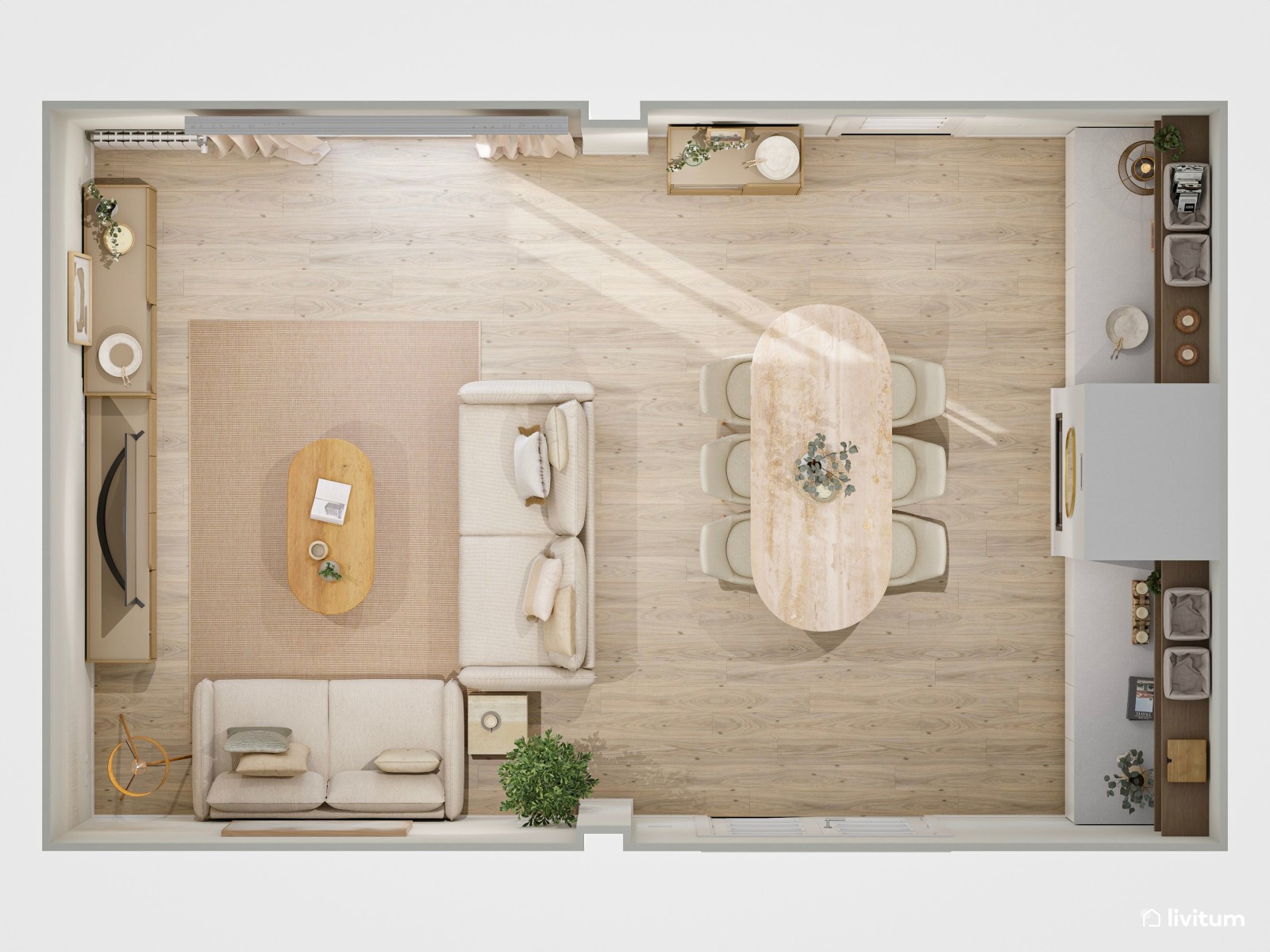 Moderno y minimalista salón comedor con chimenea en tono beige