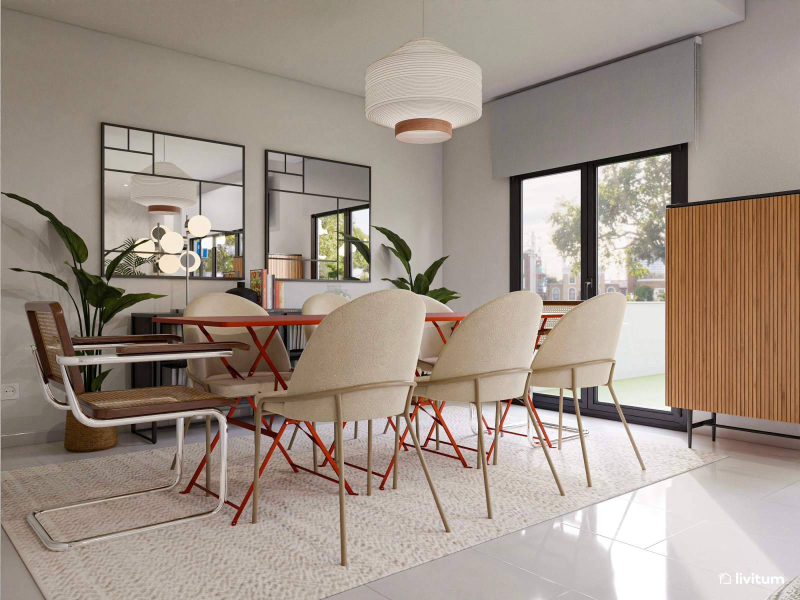 Moderno y original salón comedor con alfombra geométrica en blanco y negro 