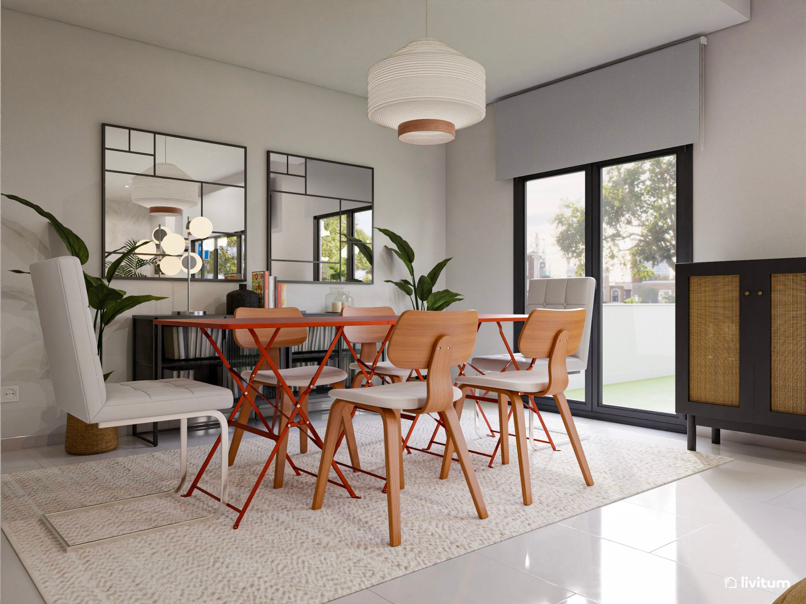 Moderno y original salón comedor con alfombra geométrica en blanco y negro 