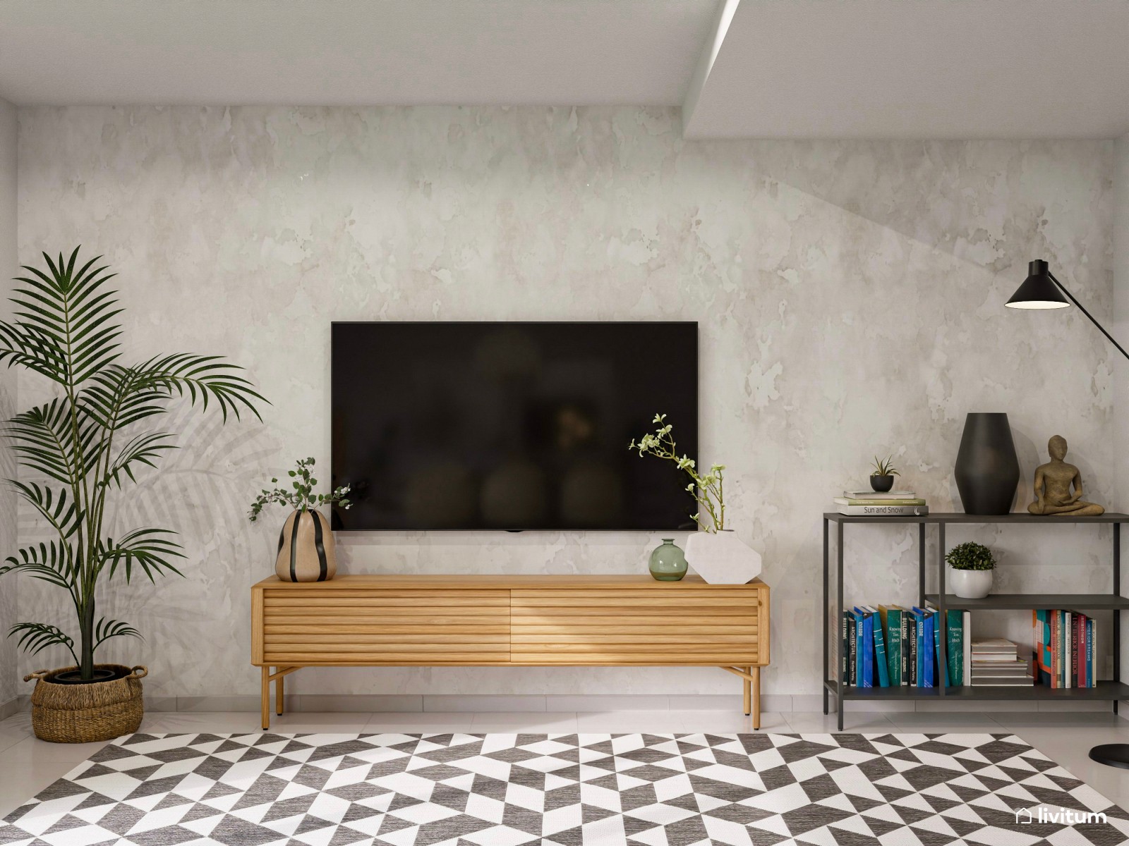 Moderno y original salón comedor con alfombra geométrica en blanco y negro 