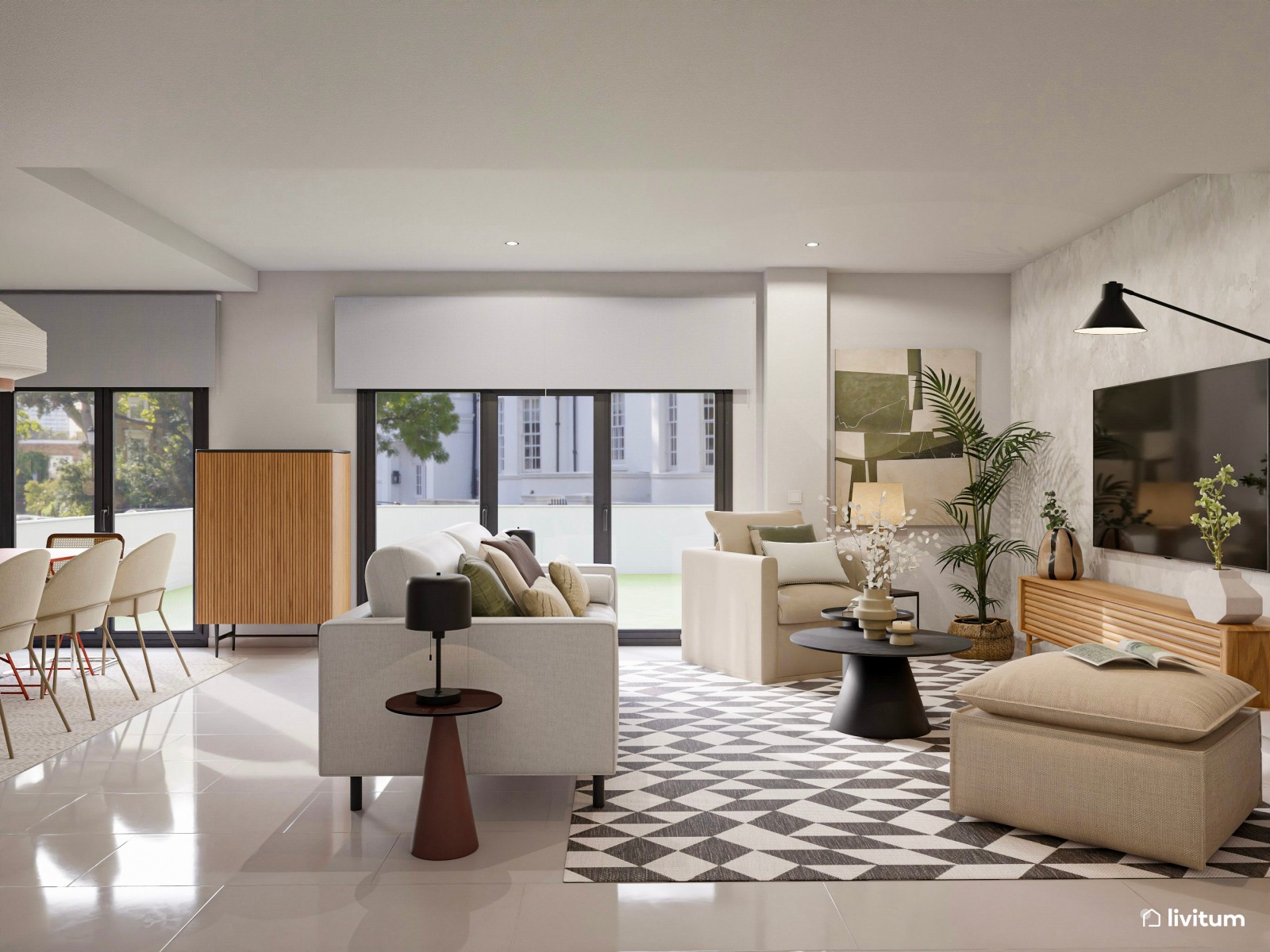 Moderno y original salón comedor con alfombra geométrica en blanco y negro 