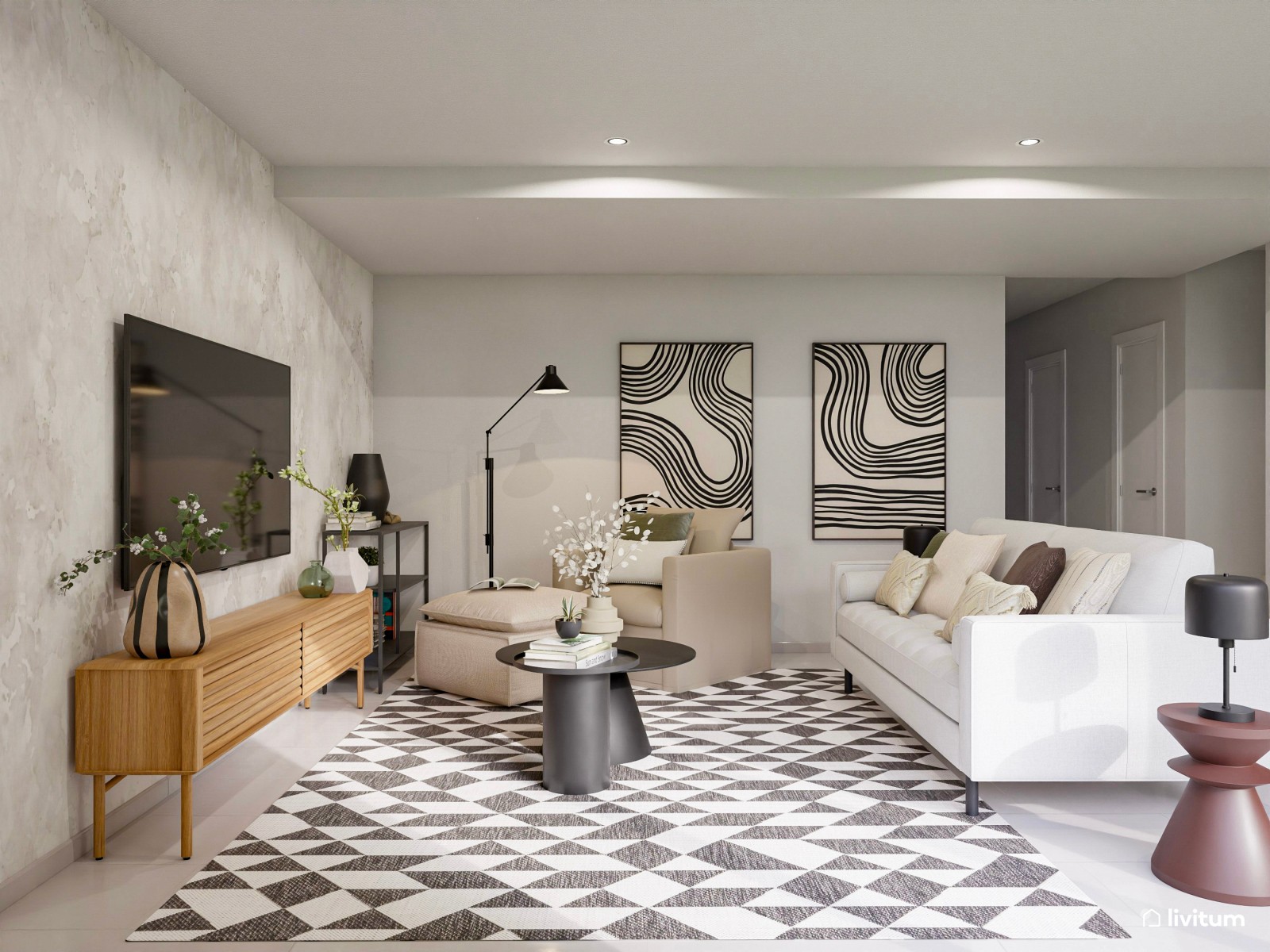 Moderno y original salón comedor con alfombra geométrica en blanco y negro 