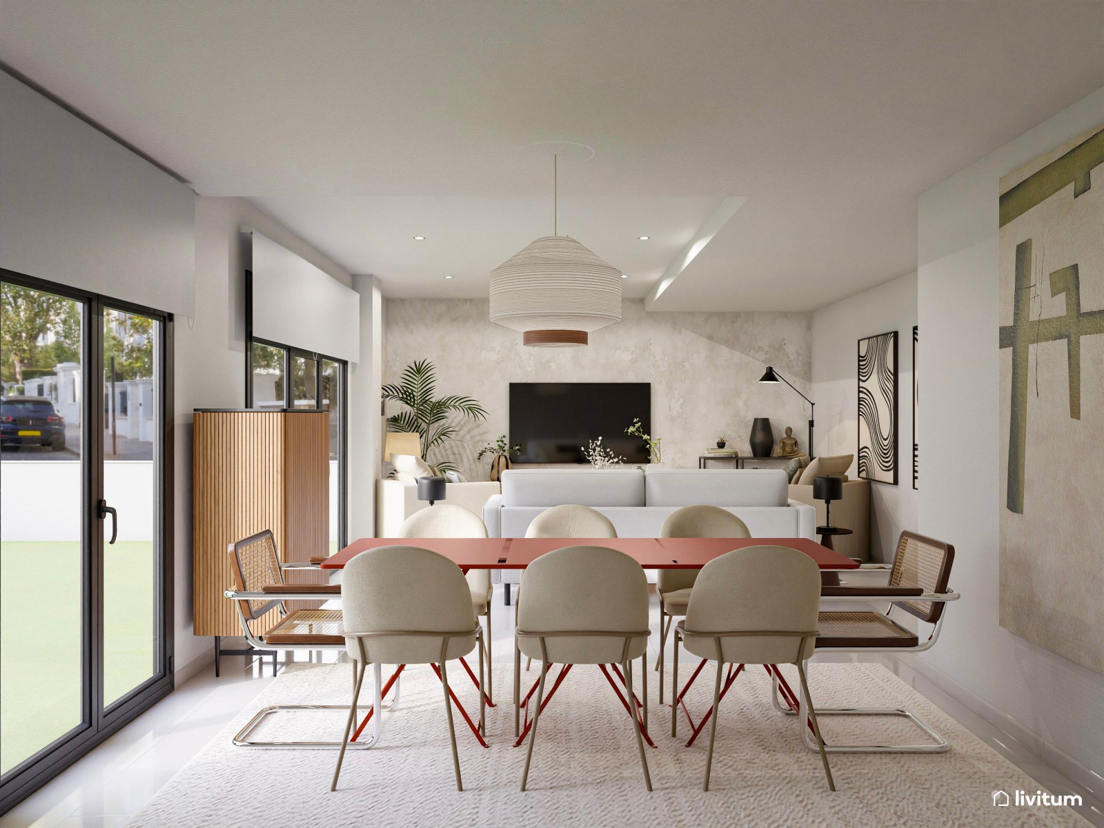 Moderno y original salón comedor con alfombra geométrica en blanco y negro 