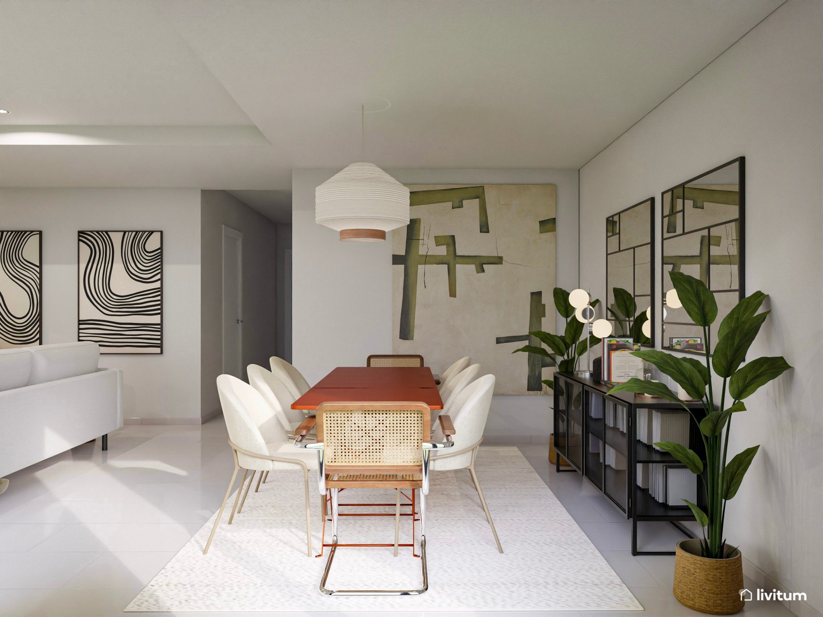 Moderno y original salón comedor con alfombra geométrica en blanco y negro 
