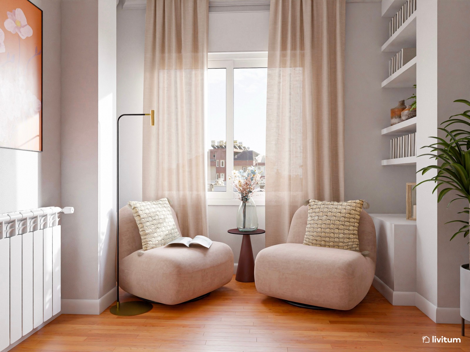 Moderno y pequeño comedor con sillas mostaza y con zona de lectura