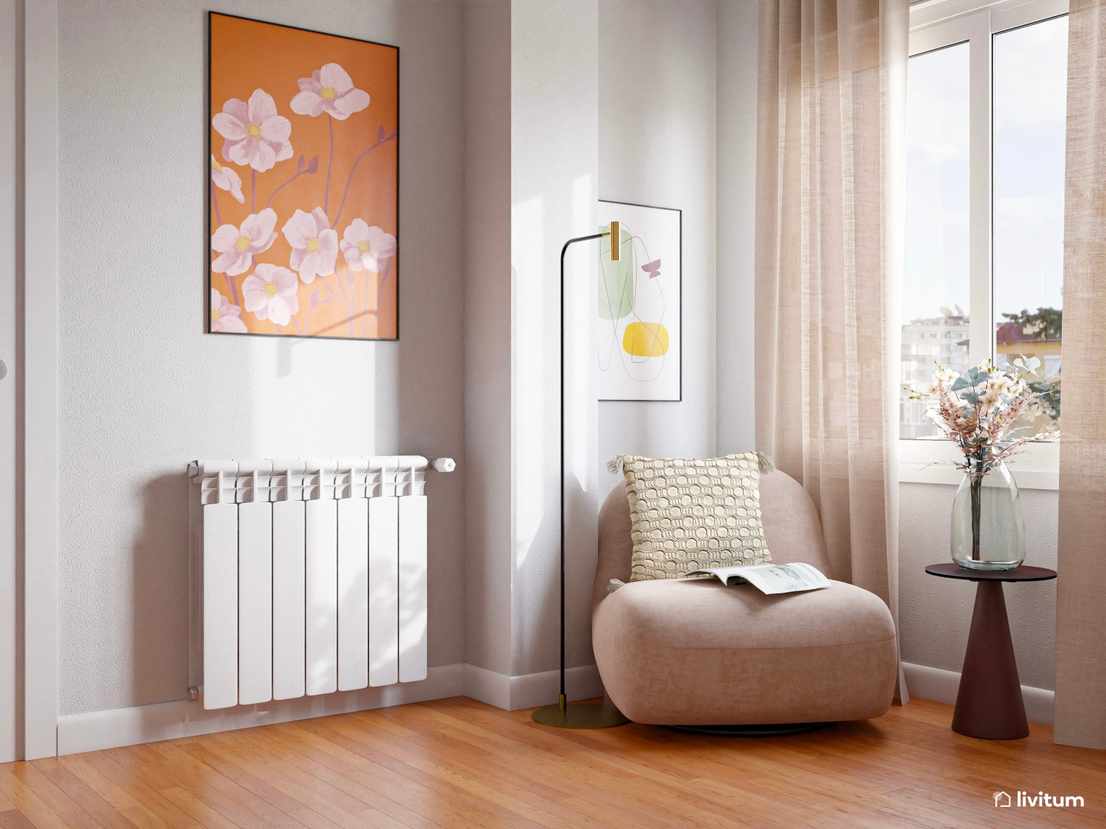 Moderno y pequeño comedor con sillas mostaza y con zona de lectura