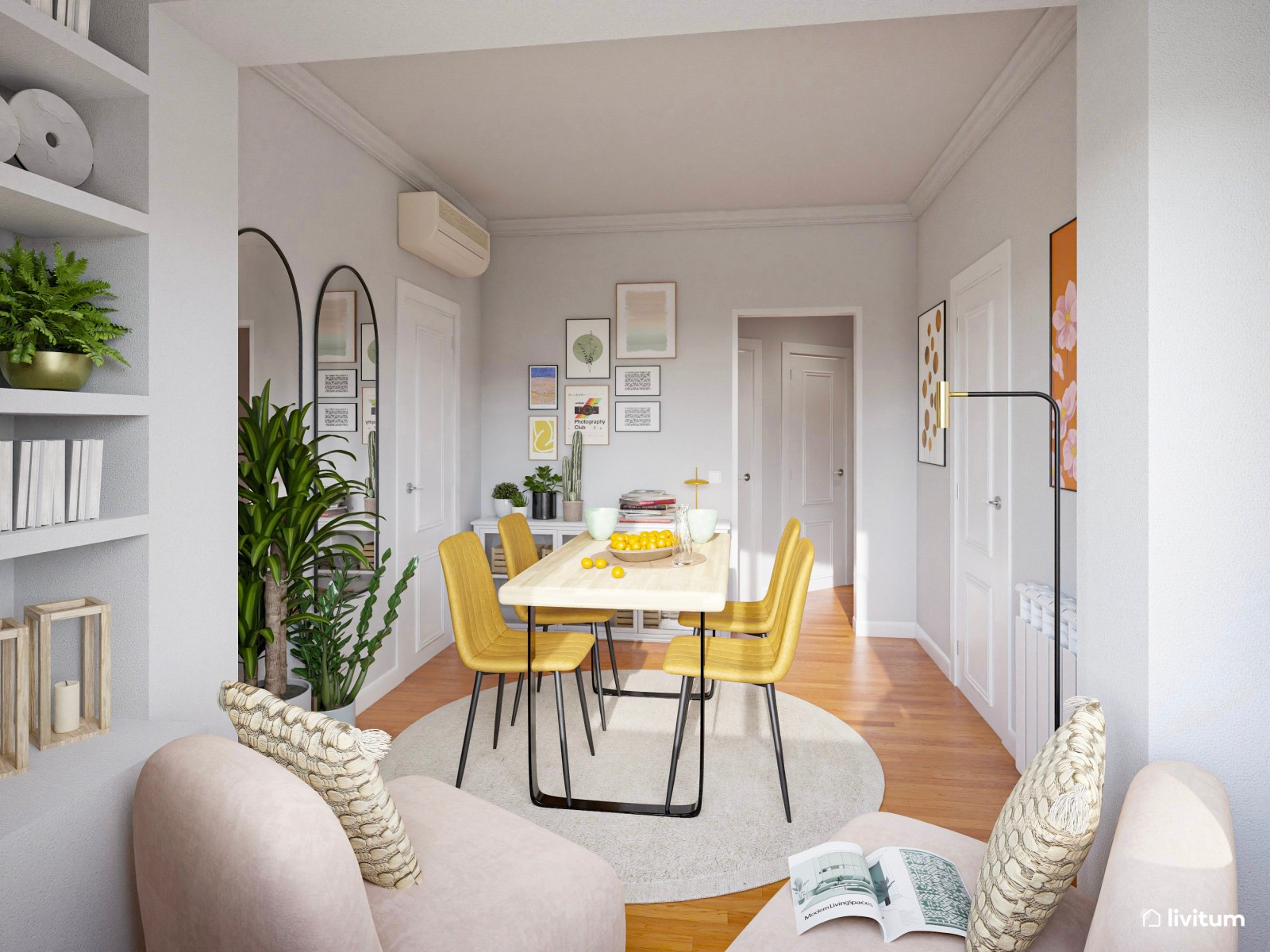 Moderno y pequeño comedor con sillas mostaza y con zona de lectura