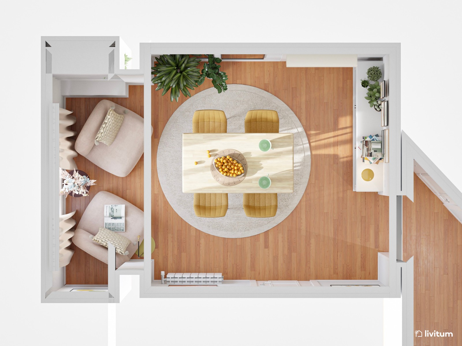 Moderno y pequeño comedor con sillas mostaza y con zona de lectura