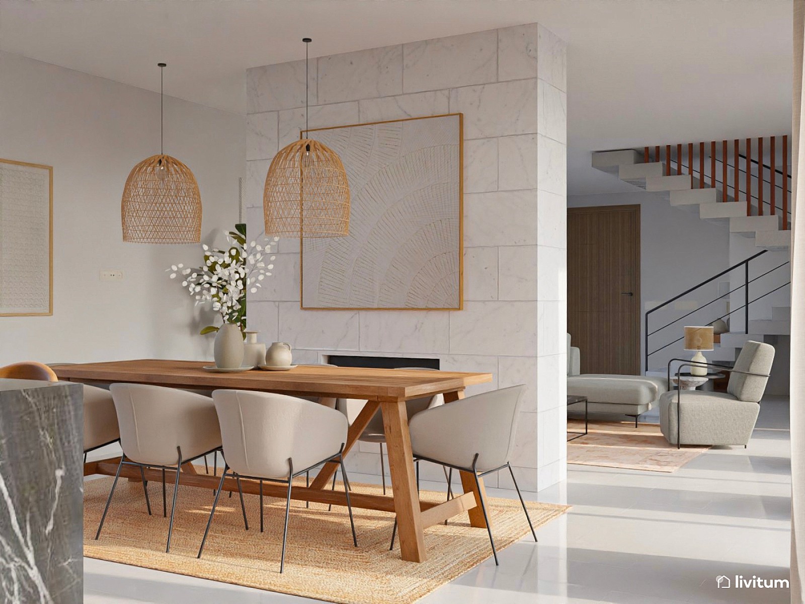 Moderno y rústico salón comedor en tonos claros 