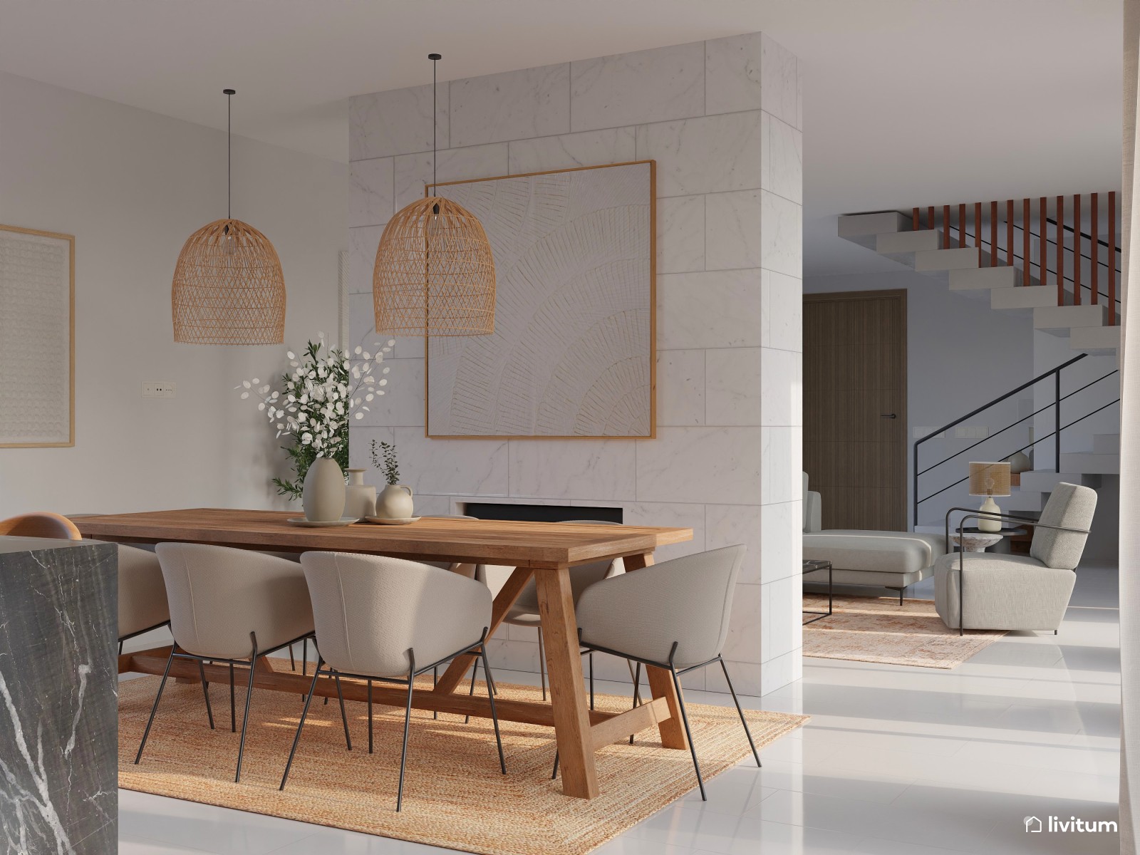 Moderno y rústico salón comedor en tonos claros 