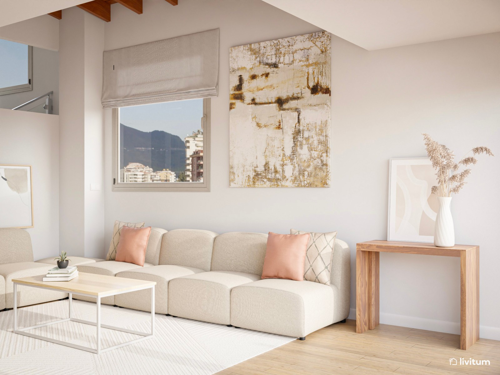 Moderno y sofisticado salón en beige, rosa y listones de madera 