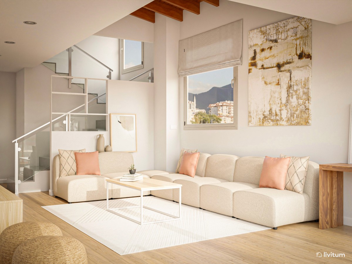 Moderno y sofisticado salón en beige, rosa y listones de madera