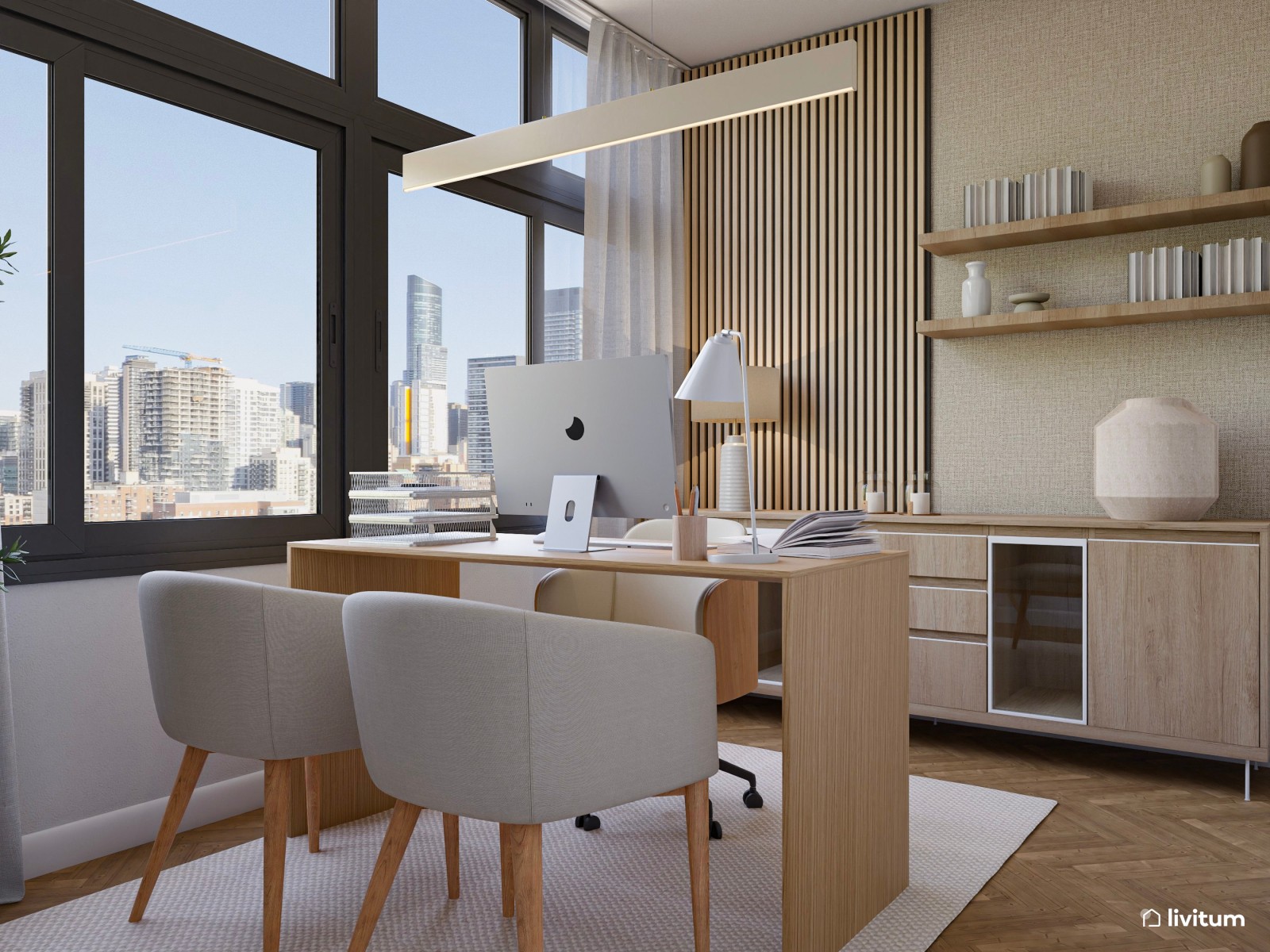 Oficina acogedora amueblada en madera y tapizados suaves