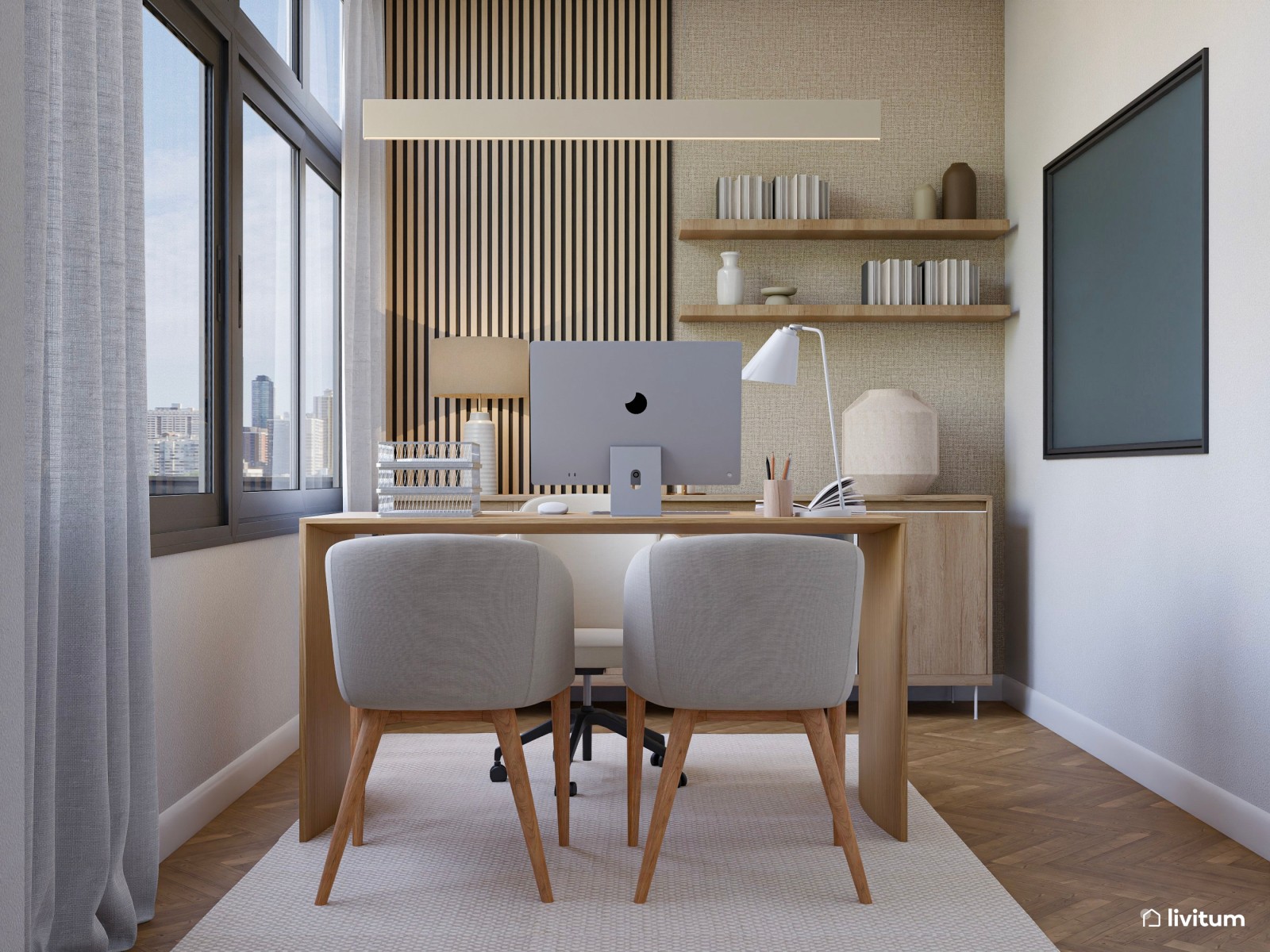 Oficina acogedora amueblada en madera y tapizados suaves