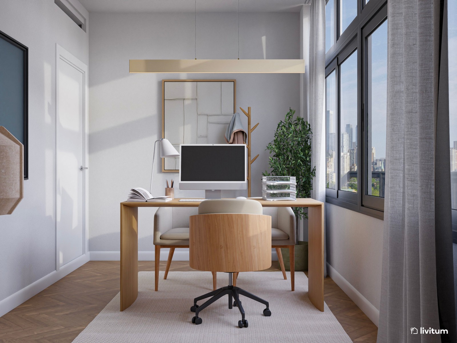 Oficina acogedora amueblada en madera y tapizados suaves