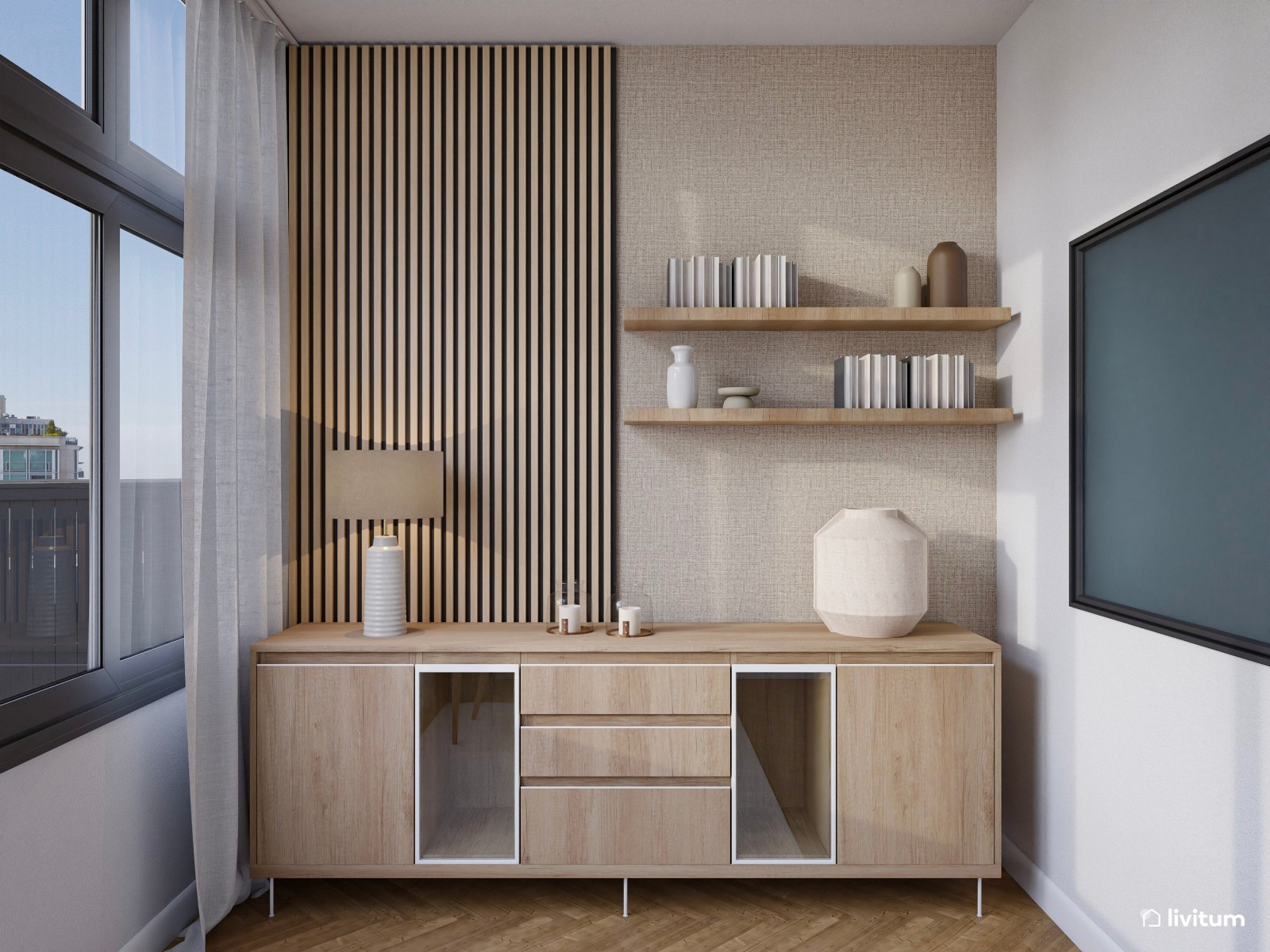 Oficina acogedora amueblada en madera y tapizados suaves