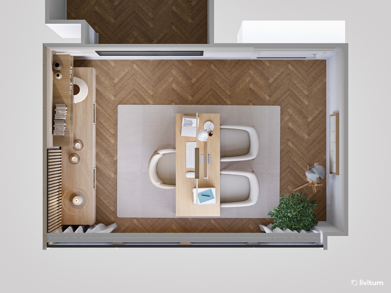 Oficina acogedora amueblada en madera y tapizados suaves