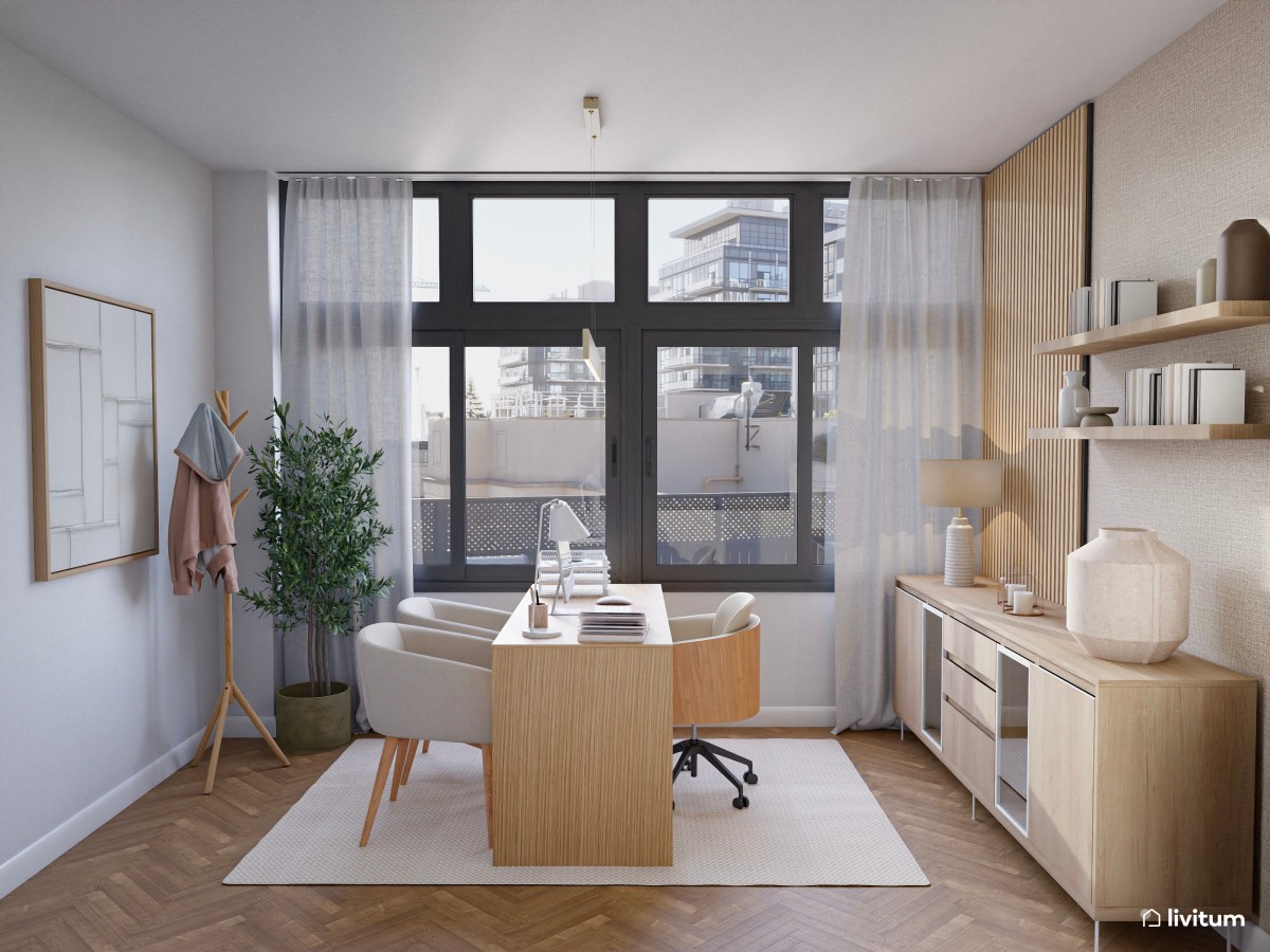 Oficina acogedora amueblada en madera y tapizados suaves