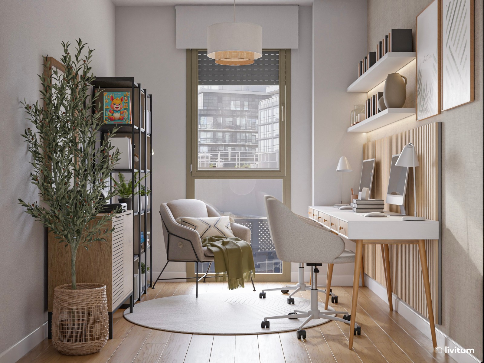  Oficina doble con texturas suaves y acústica cuidada