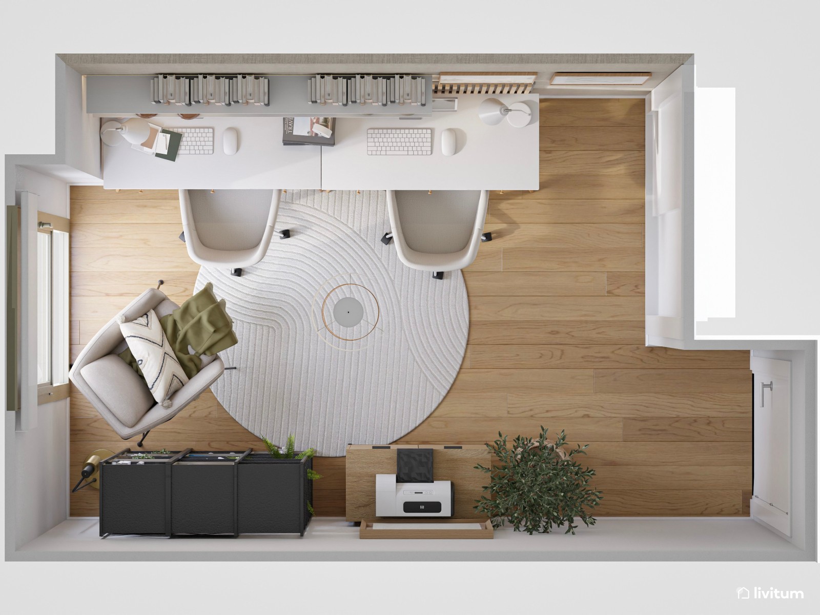  Oficina doble con texturas suaves y acústica cuidada