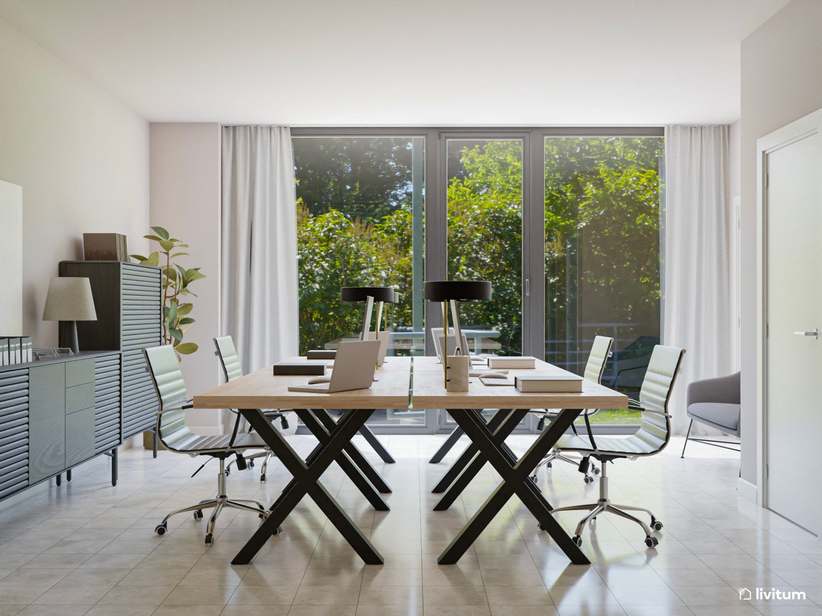  Oficina elegante y luminosa con muebles oscuros