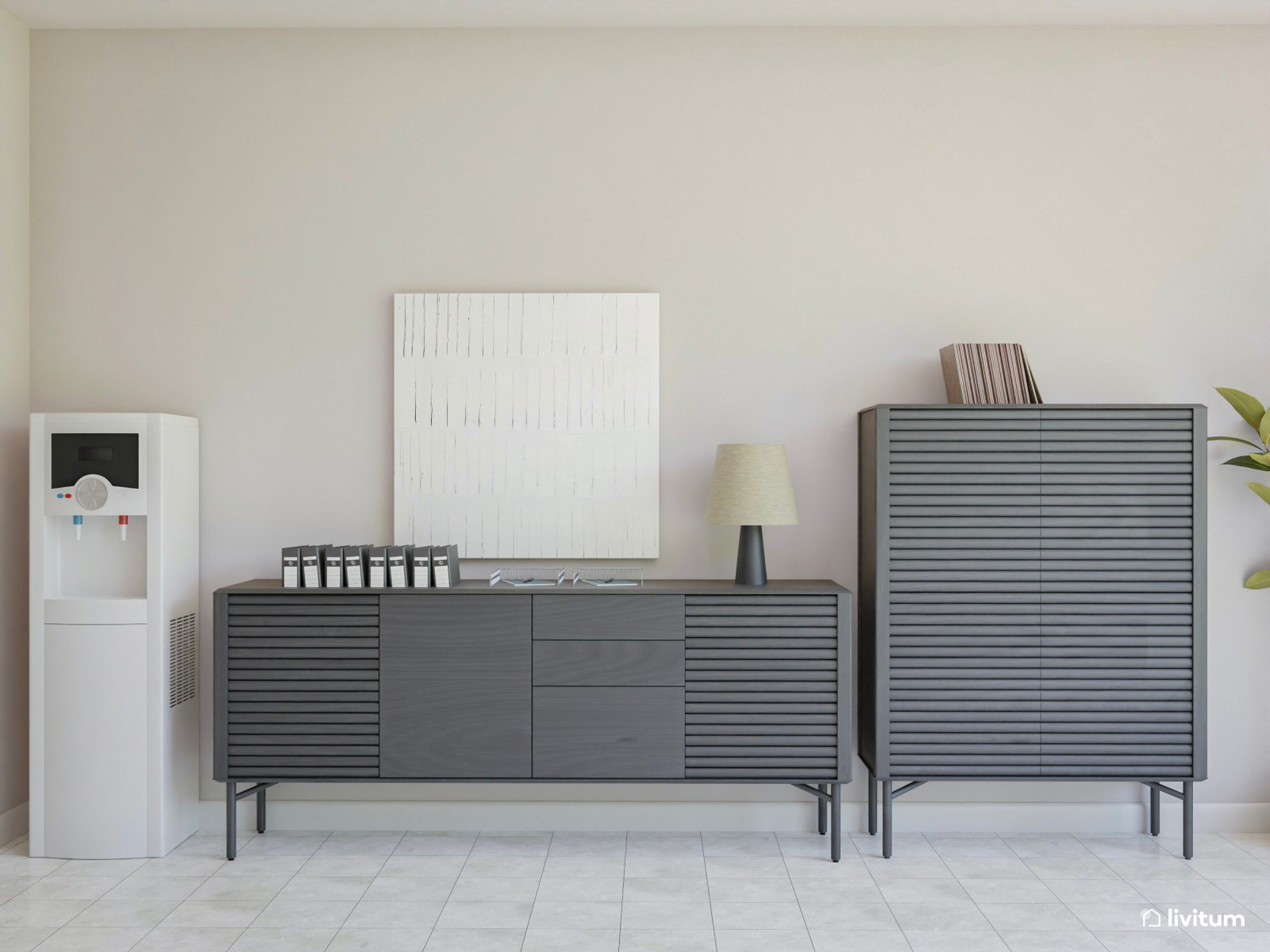  Oficina elegante y luminosa con muebles oscuros