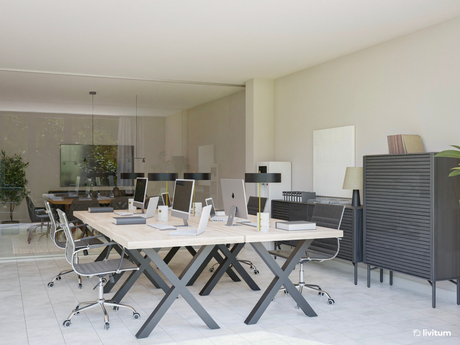  Oficina elegante y luminosa con muebles oscuros