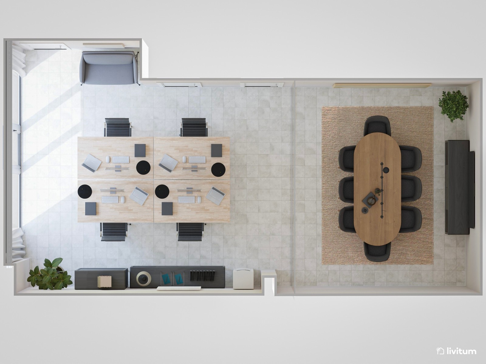  Oficina elegante y luminosa con muebles oscuros