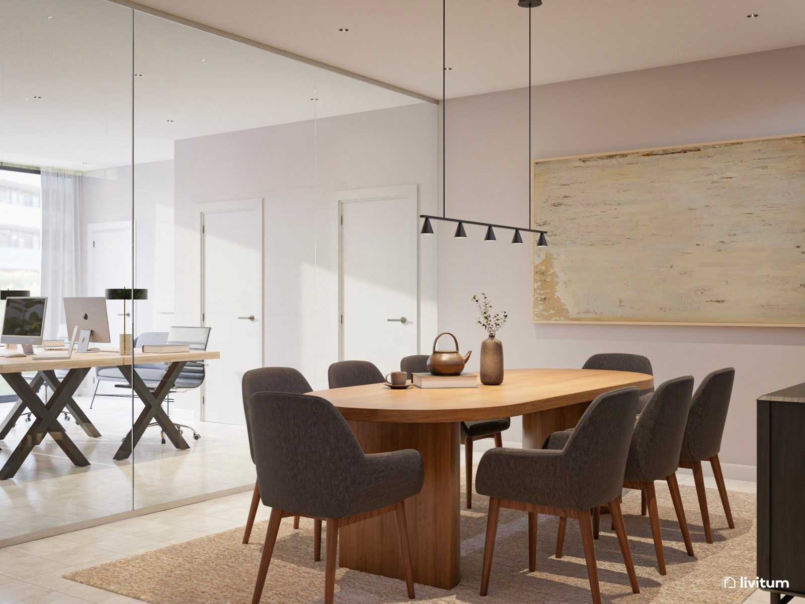  Oficina elegante y luminosa con muebles oscuros