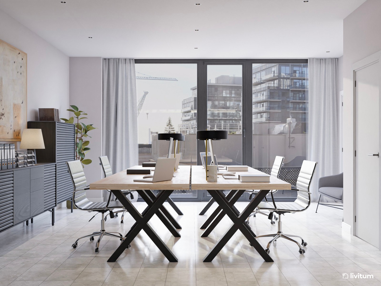  Oficina elegante y luminosa con muebles oscuros