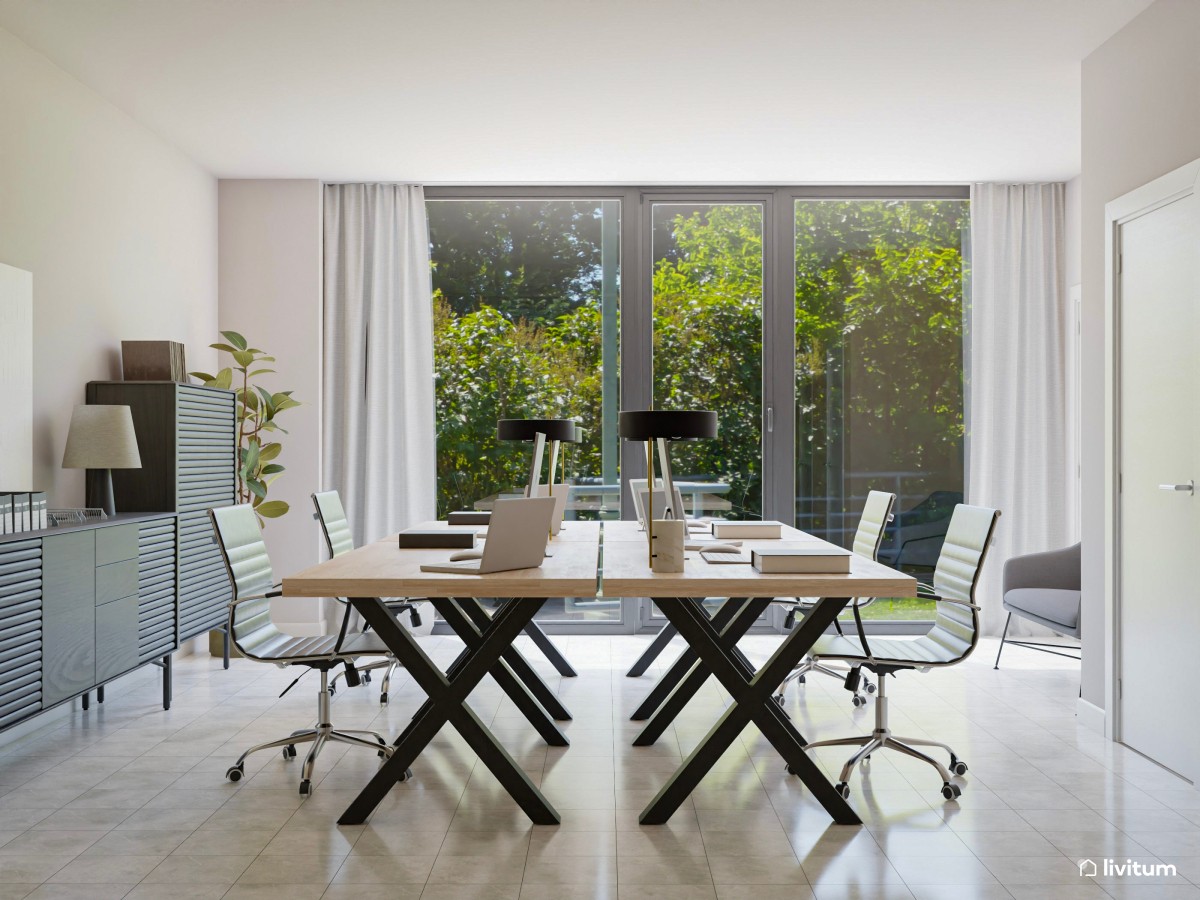 Oficina elegante y luminosa con muebles oscuros